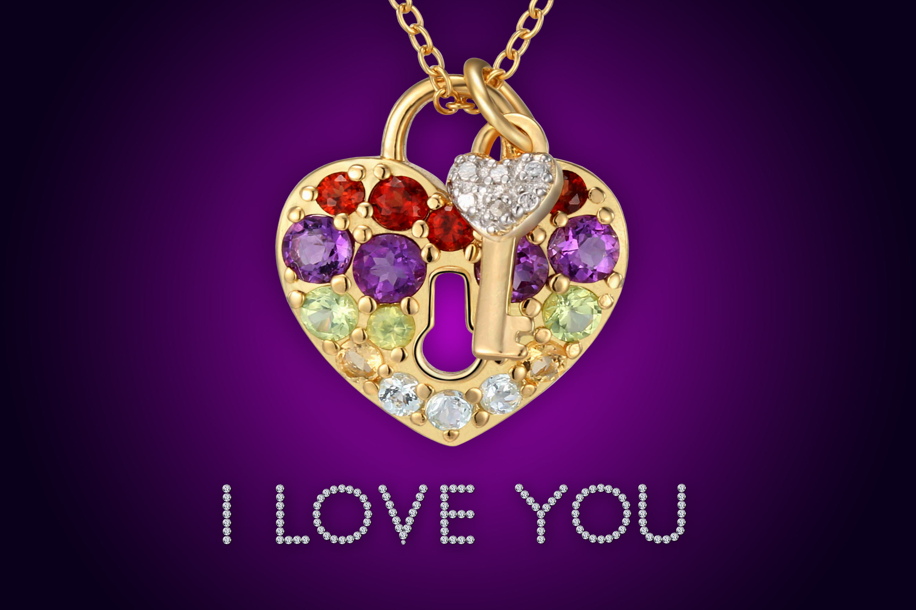 golden, love, heart, key, i love you, 2K, diamonds, design by Marika, brilliant, lock, glamour, HD Wallpaper