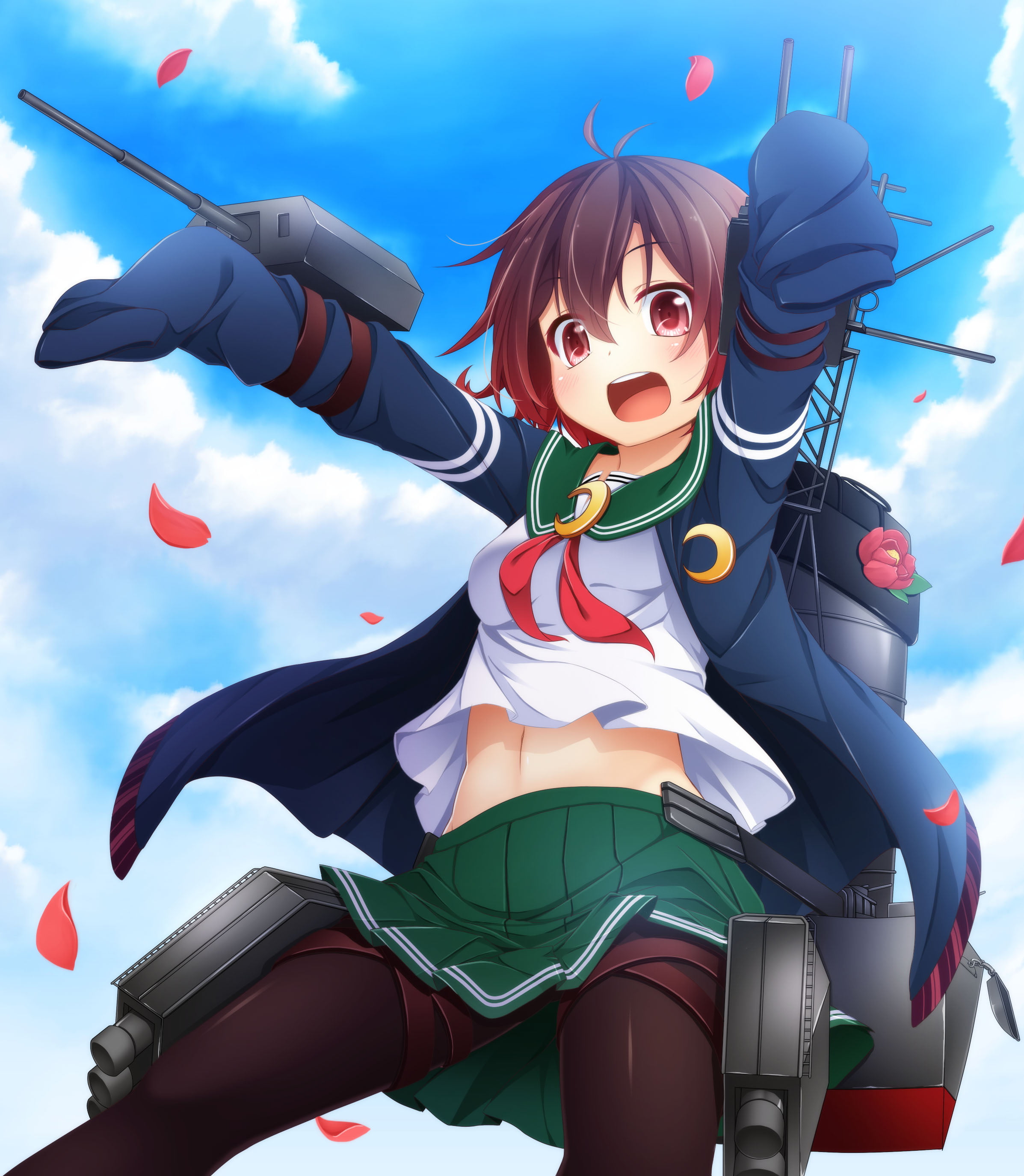 sky, Mutsuki (KanColle), three quarter length, short hair, one person, front view, day, lifestyles, 2K, happiness, looking at camera, outdoors, patriotism, Phone HD Wallpaper