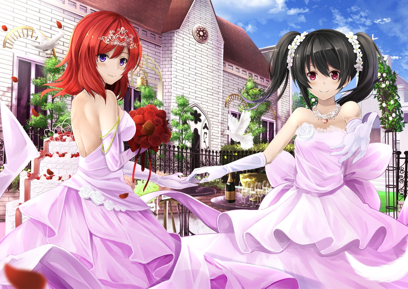 flower, plant, purple, pink color, nature, flowering plant, Yazawa Nico, hairstyle, day, looking at camera, wedding dress, flowers, adult, short hair, rose, HD Wallpaper