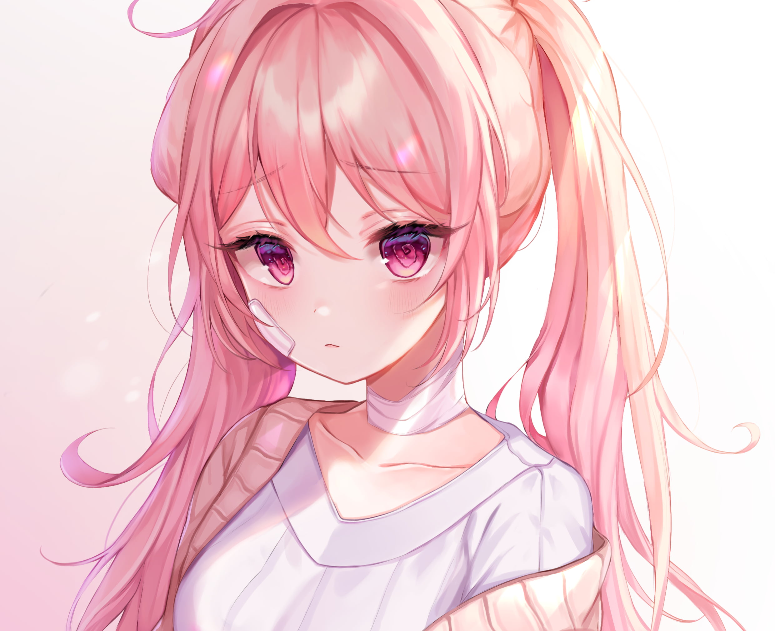 blush, purple eyes, long hair, pink hair, twintails, bandage, 1080P, HD Wallpaper