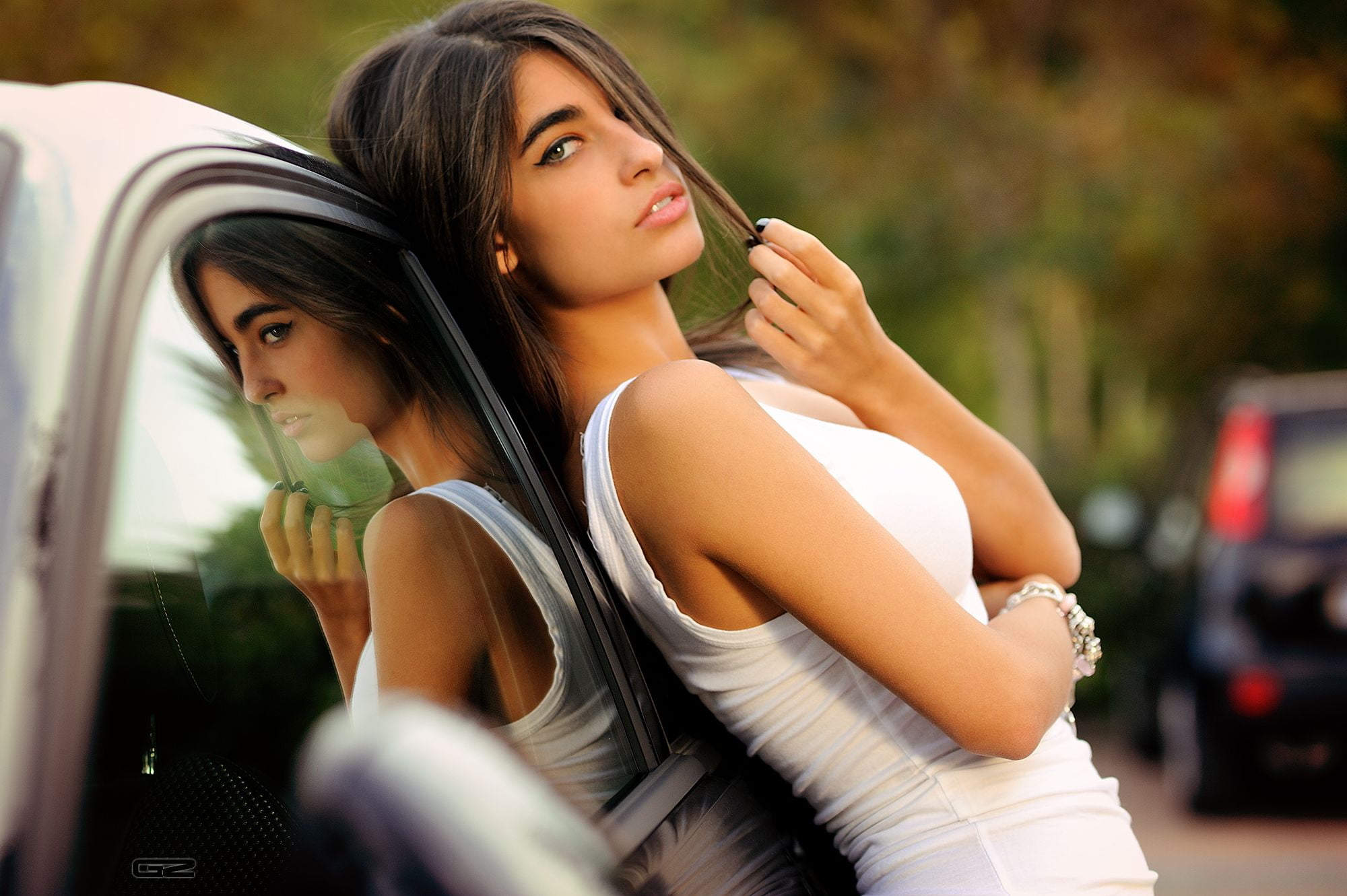 car, reflection, hair over one eye, women, brunette, white clothing, Giovanni Zacche, 1080P, tank top, HD Wallpaper