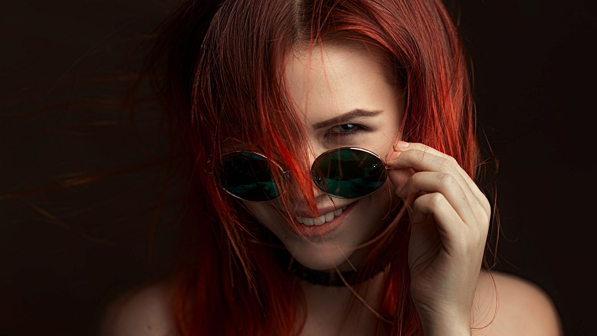 redhead, hair over one eye, blue eyes, sunglasses, portrait, choker, smiling, simple background, shades, long hair, 1080P, women, HD Wallpaper