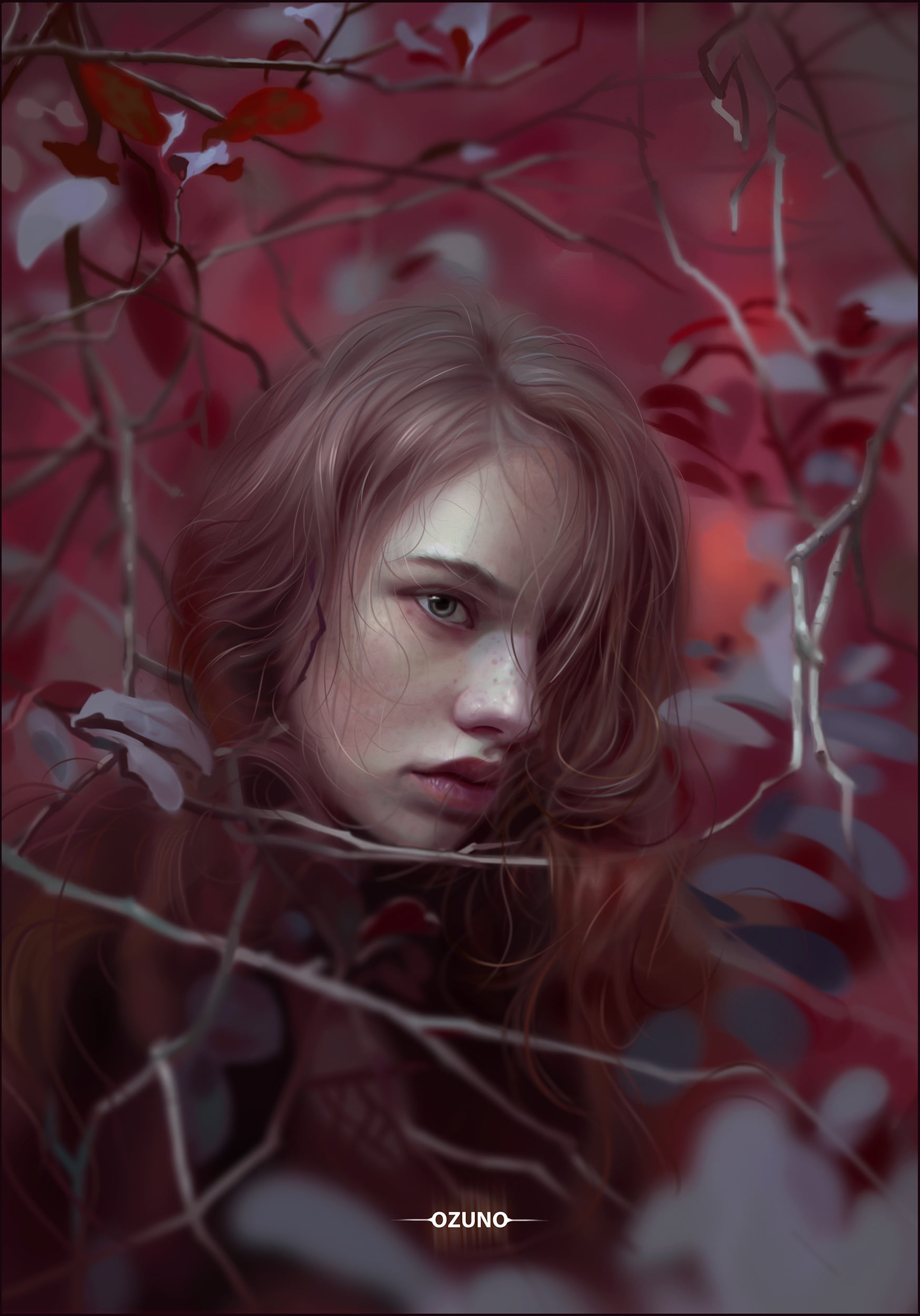 artwork, Huy Ozuno, digital art, ArtStation, 1080P, tree bark, drawing, closed mouth, hair over one eye, portrait, women, freckles, portrait display, hair in face, Phone HD Wallpaper