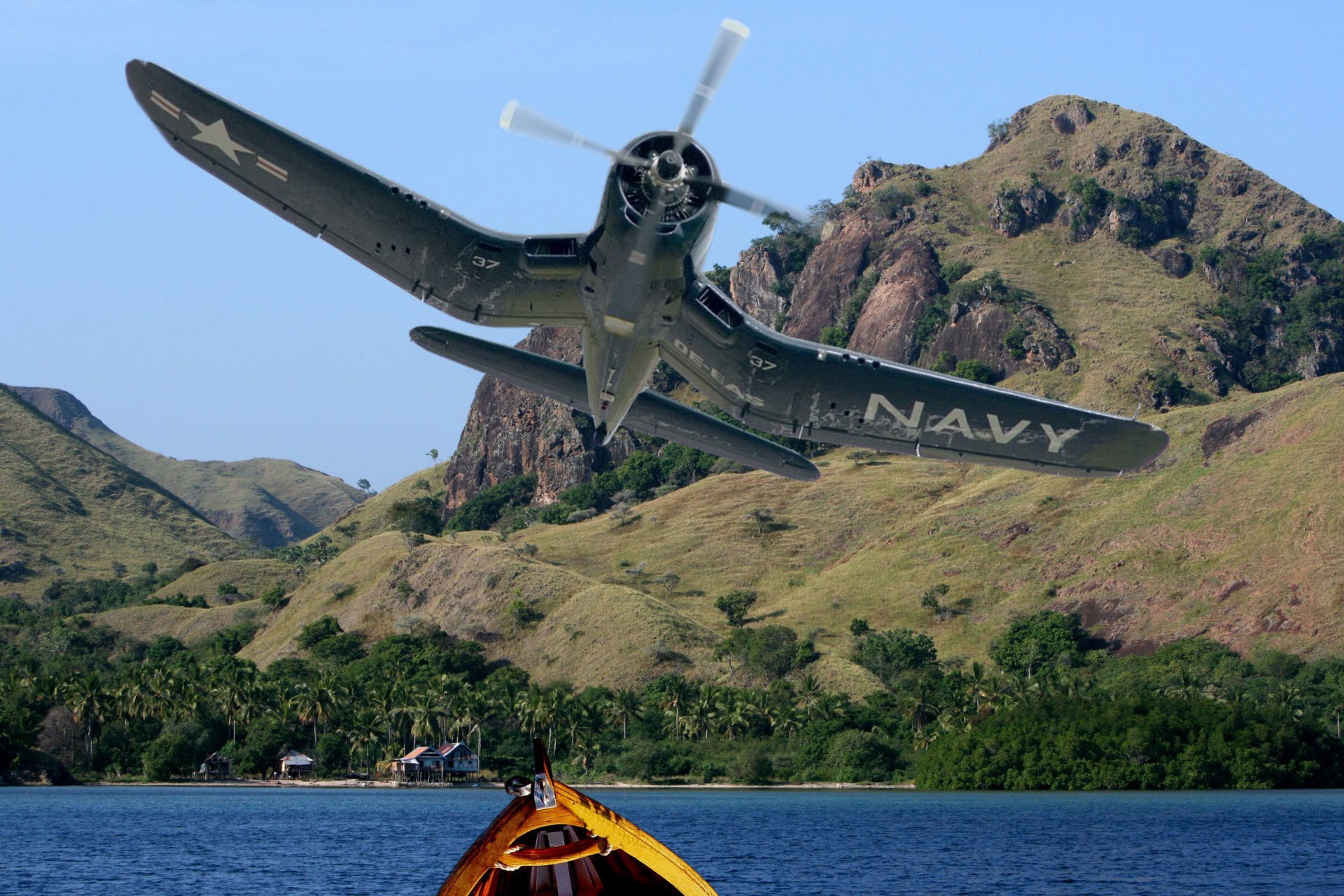 fighter, BIRD, coast, maneuver, theatre, military, 1080P, action, boat, the plane, CORSAIR, CAGE, Pacific, collage, F4U, art, WW2., HD Wallpaper