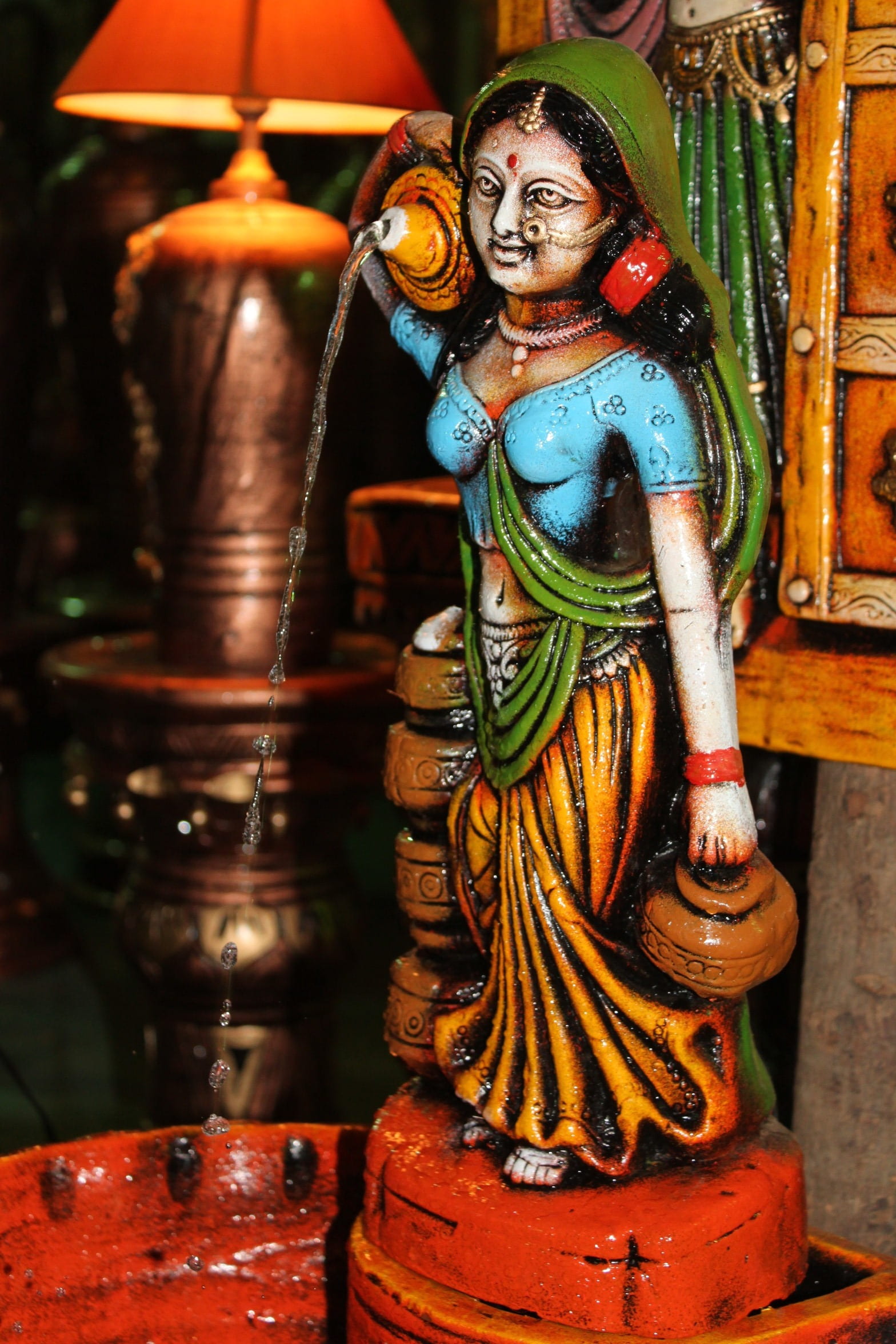 spirituality, religion, sculpture, no people, creativity, fountain, statue, belief, blue, representation, brown, traditional, ceramic, woman, water, colorful, Phone HD Wallpaper