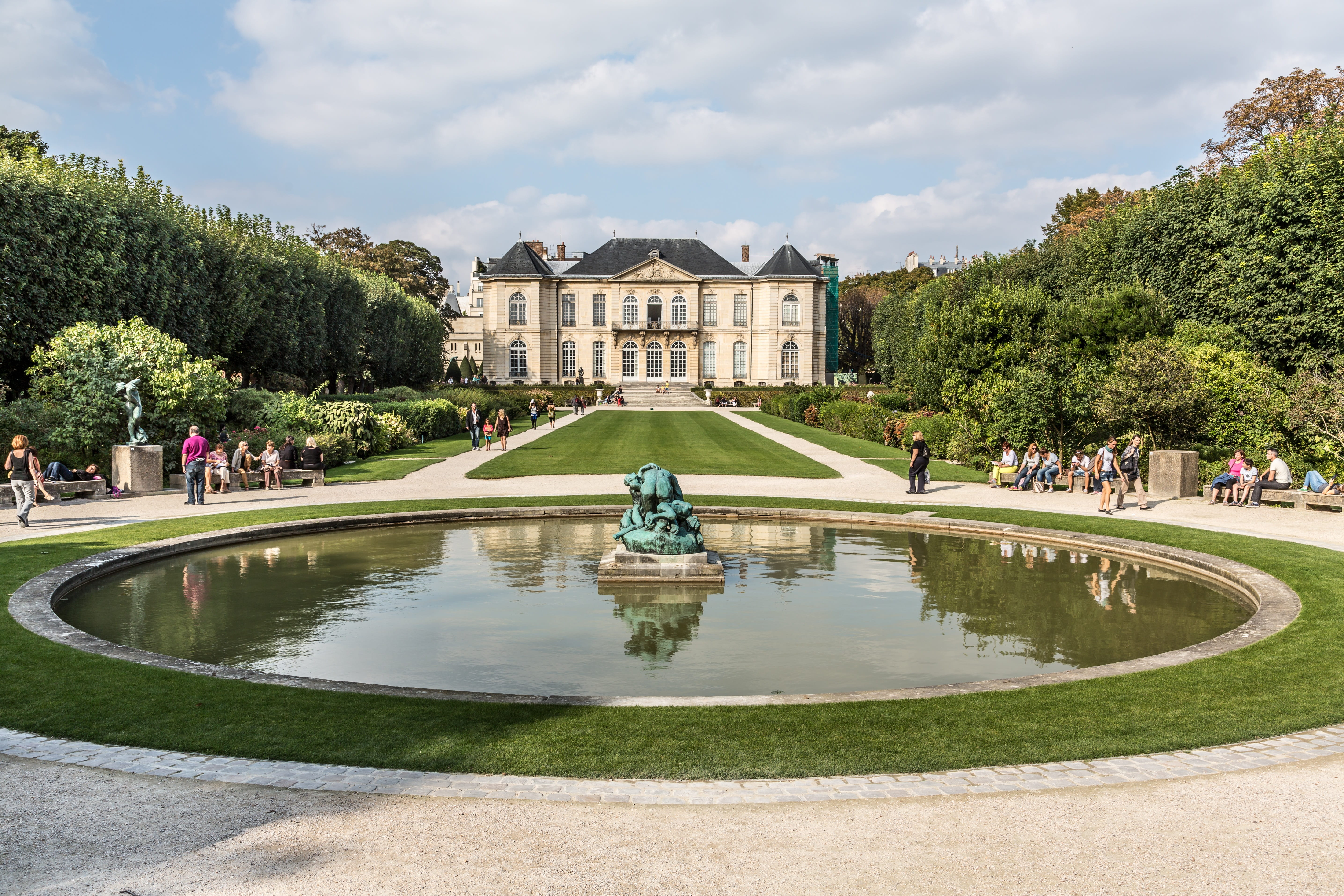 paris, day, women, architecture, built structure, water, 5K, sky, museum, pond, group of people, plant, building, city, grass, fountain, park, cloud - sky, HD Wallpaper