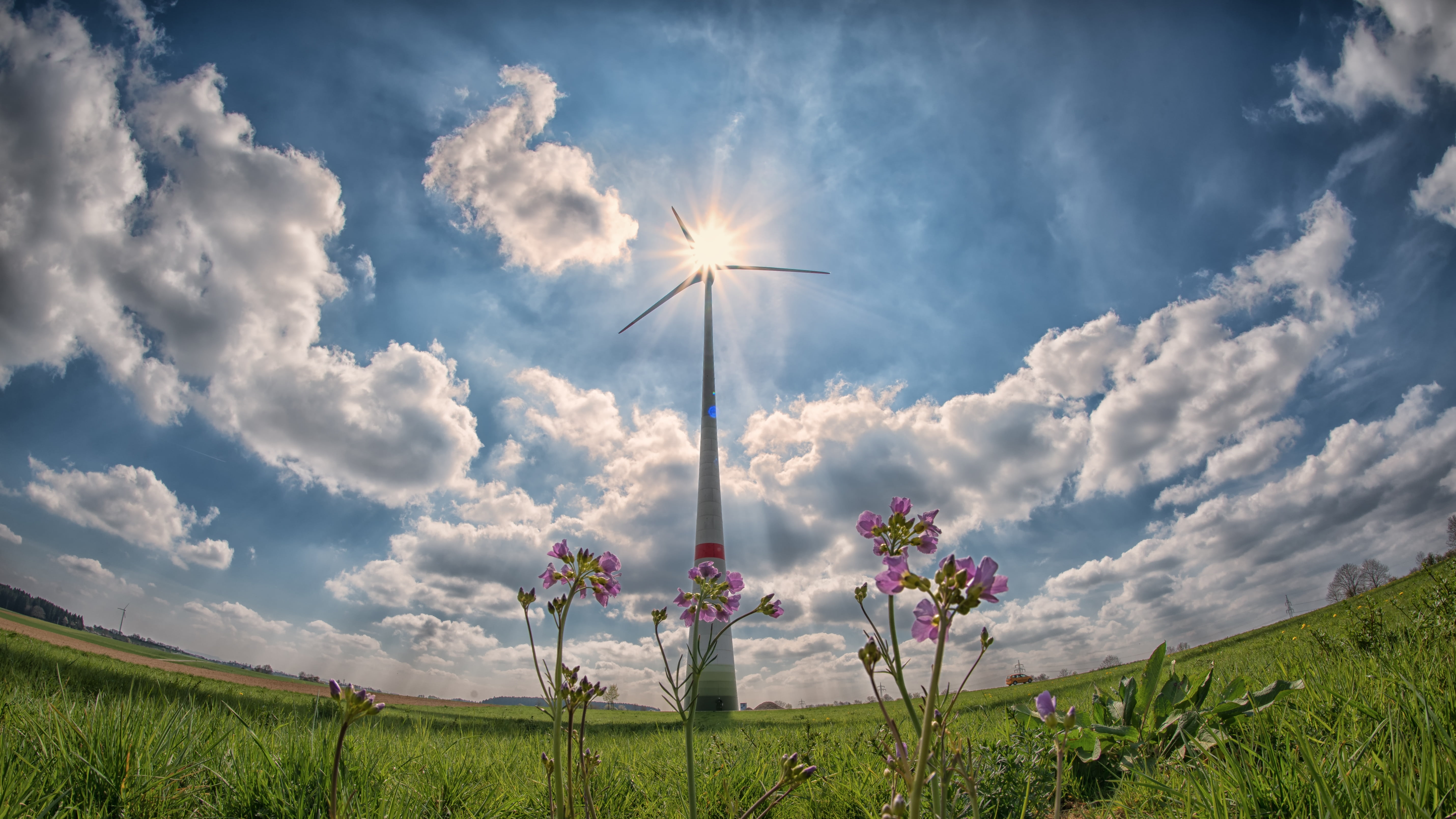5K, renewable energy, photo, environmental technology, no people, cloud - sky, day, meadow, extreme long shot, sky, clouds, power generation, beauty in nature, HD Wallpaper