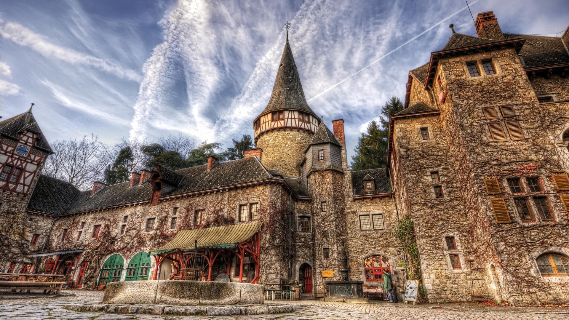 1080P, cafe, beautiful, nature and landscapes, hdr, old, courtyard, fountain, clouds, HD Wallpaper