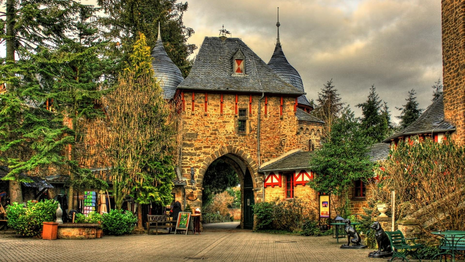 trees, hdr, square, 1080P, entrance, courtyard, impressive, front, nature and landscapes, brick, HD Wallpaper