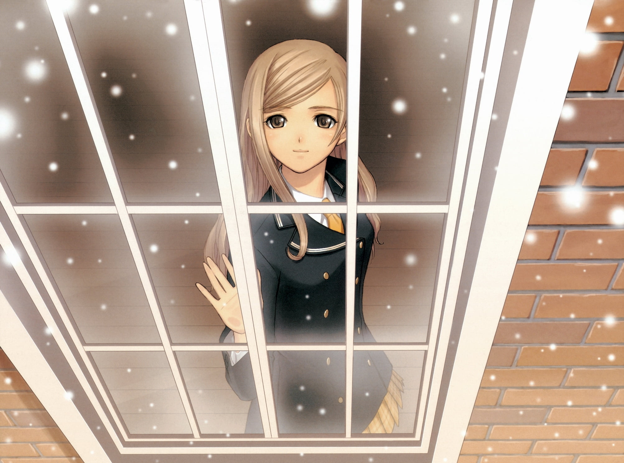 looking at camera, adult, portrait, casual clothing, anime, animated, emotion, smile, haired, character, 1080P, night, blond hair, window, snow, cute, HD Wallpaper