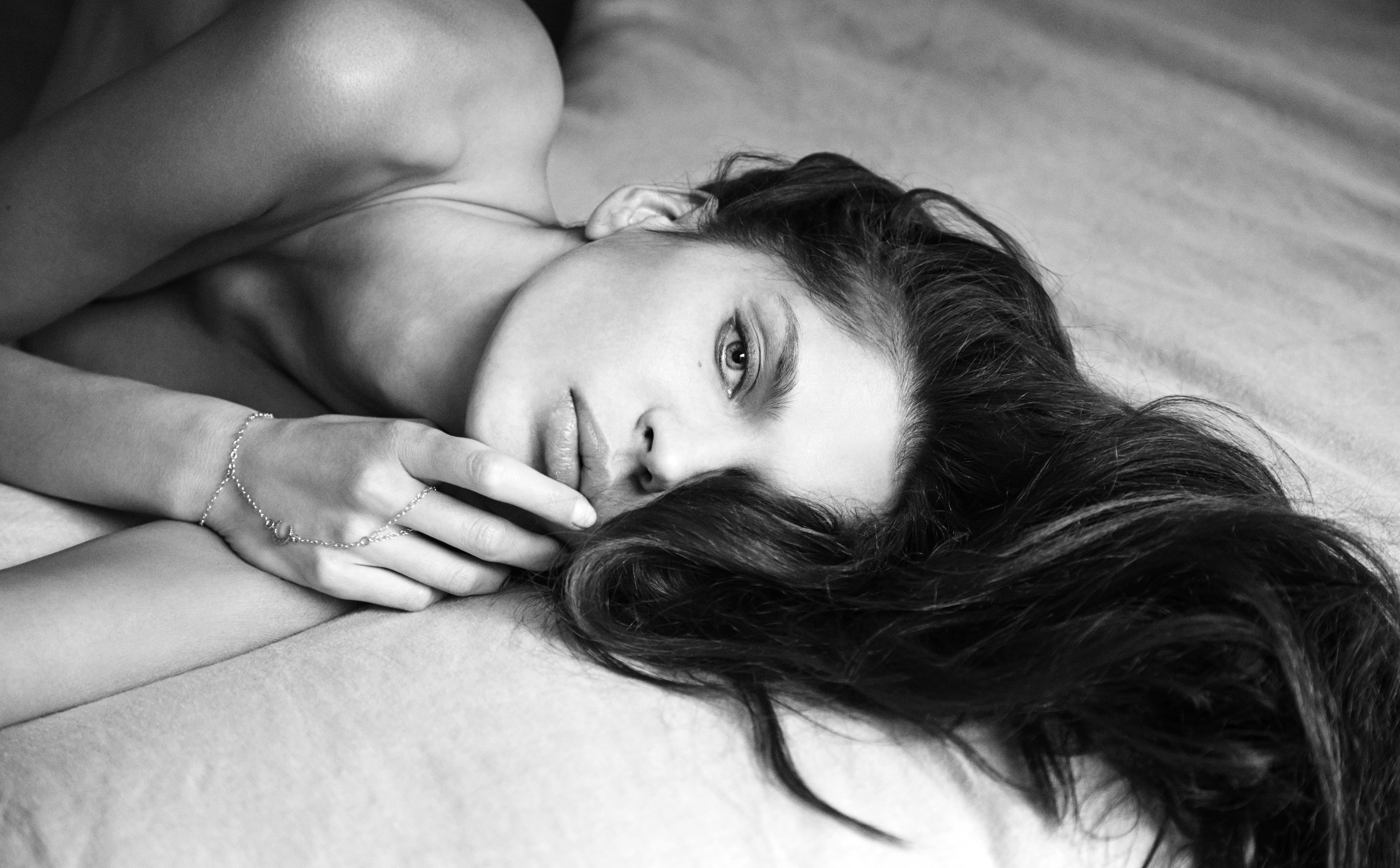 hair, one person, white, hairstyle, 5K, beauty, long hair, beautiful woman, looking at camera, portrait, bed, women, lying down, relaxation, adult, alesia, HD Wallpaper
