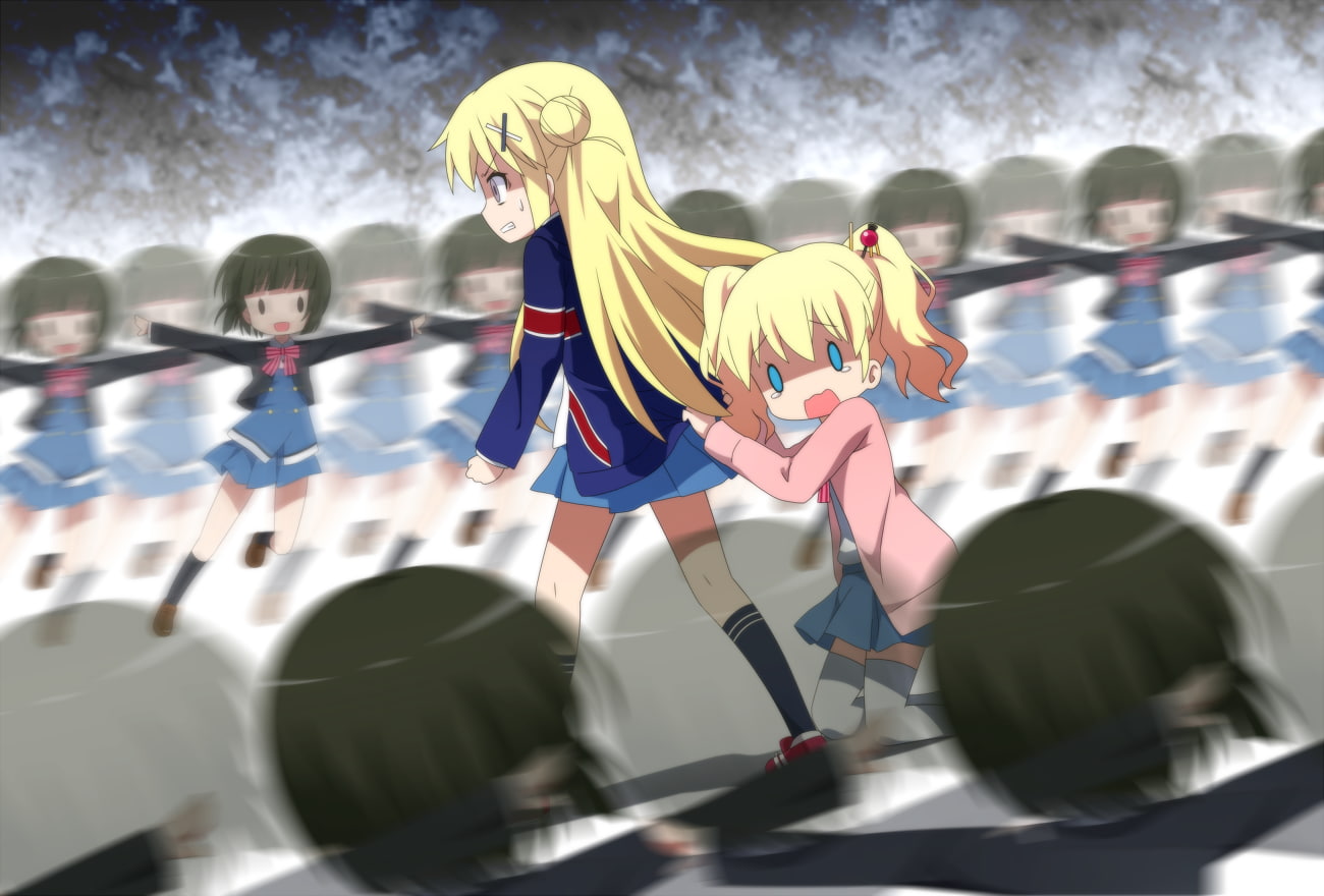 Alice Cartelet, short hair, 720P, Kin-Iro Mosaic, Oomiya Shinobu, loli, school uniform, blonde, long hair, Kujou Karen, HD Wallpaper