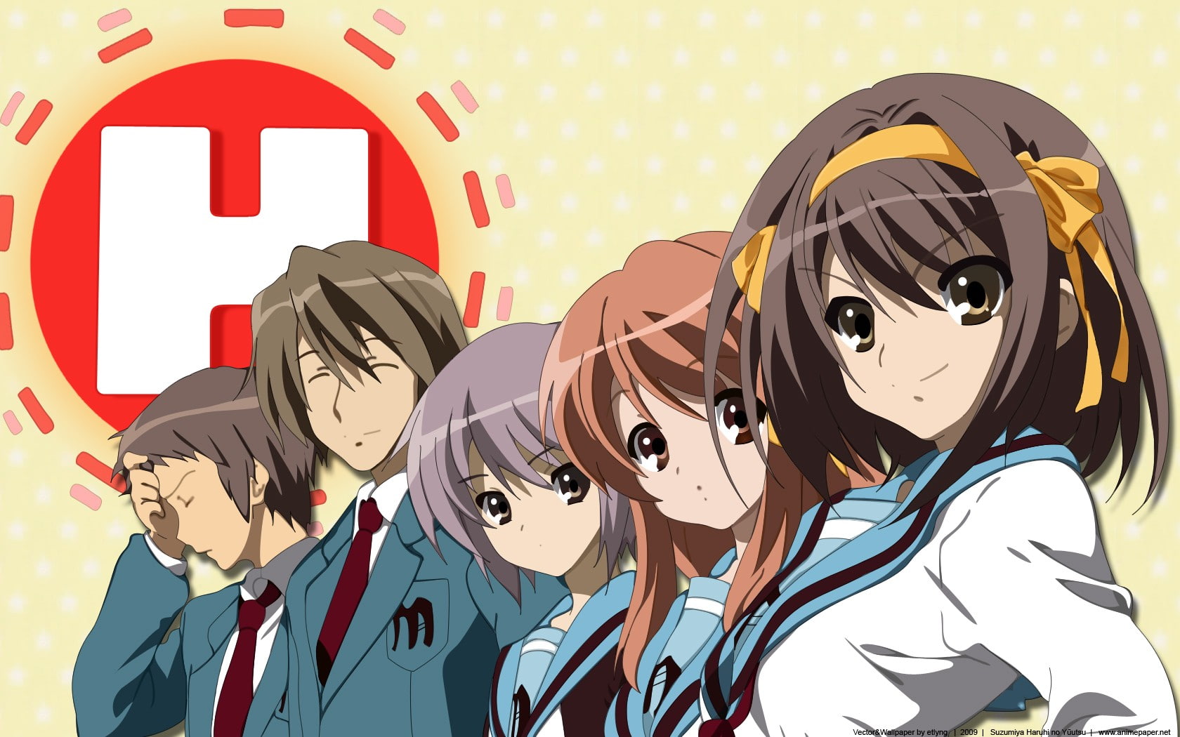 Suzumiya Haruhi, Koizumi Itsuki, celebration, Kyon, communication, multi colored, representation, human representation, mask - disguise, Asahina Mikuru, HD Wallpaper