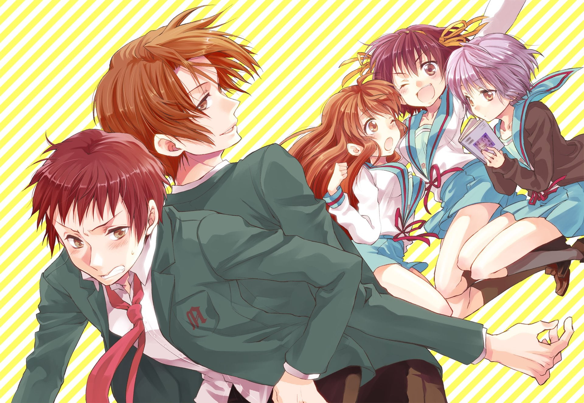 The Melancholy of Haruhi Suzumiya, lifestyles, 1080P, Kyon, men, women, standing, costume, indoors, males, real people, Koizumi Itsuki, Suzumiya Haruhi , HD Wallpaper