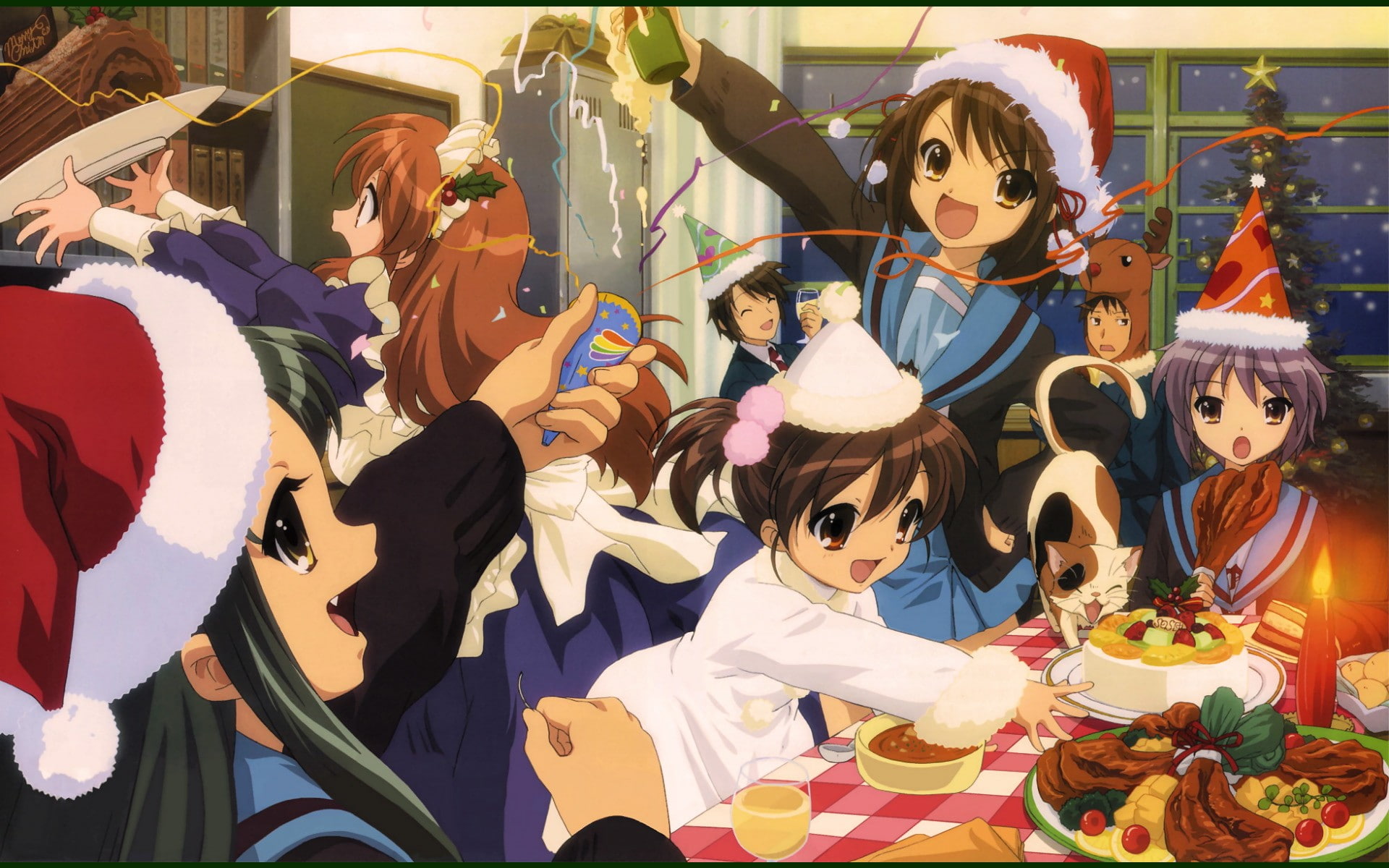 Nagato Yuki, The Melancholy of Haruhi Suzumiya, Suzumiya Haruhi, Asahina Mikuru, Christmas, 1080P, anime, anime girls, HD Wallpaper