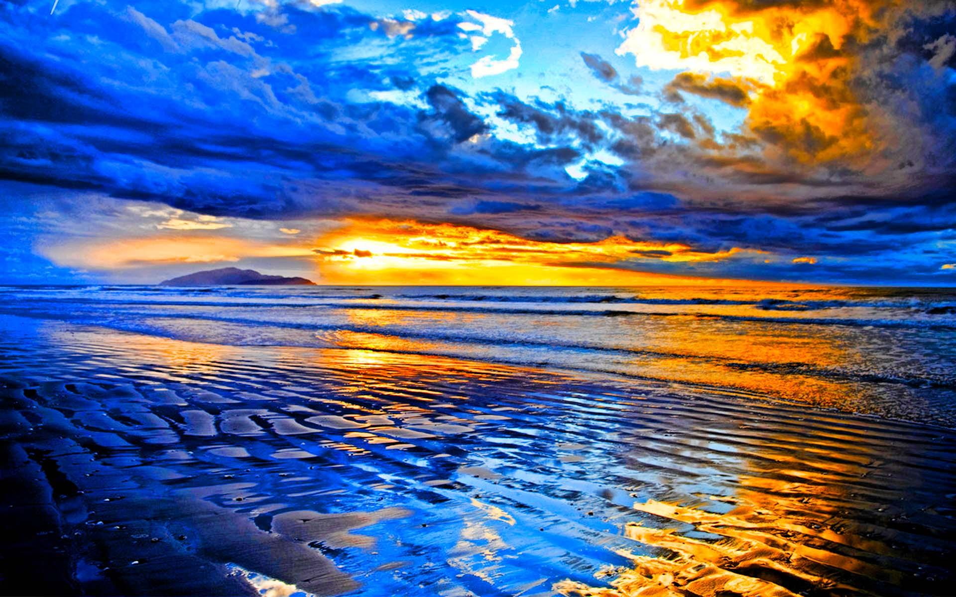 beach, texture, 1080P, hour, clouds, reflection, golden, blue, 3d and abstract, HD Wallpaper