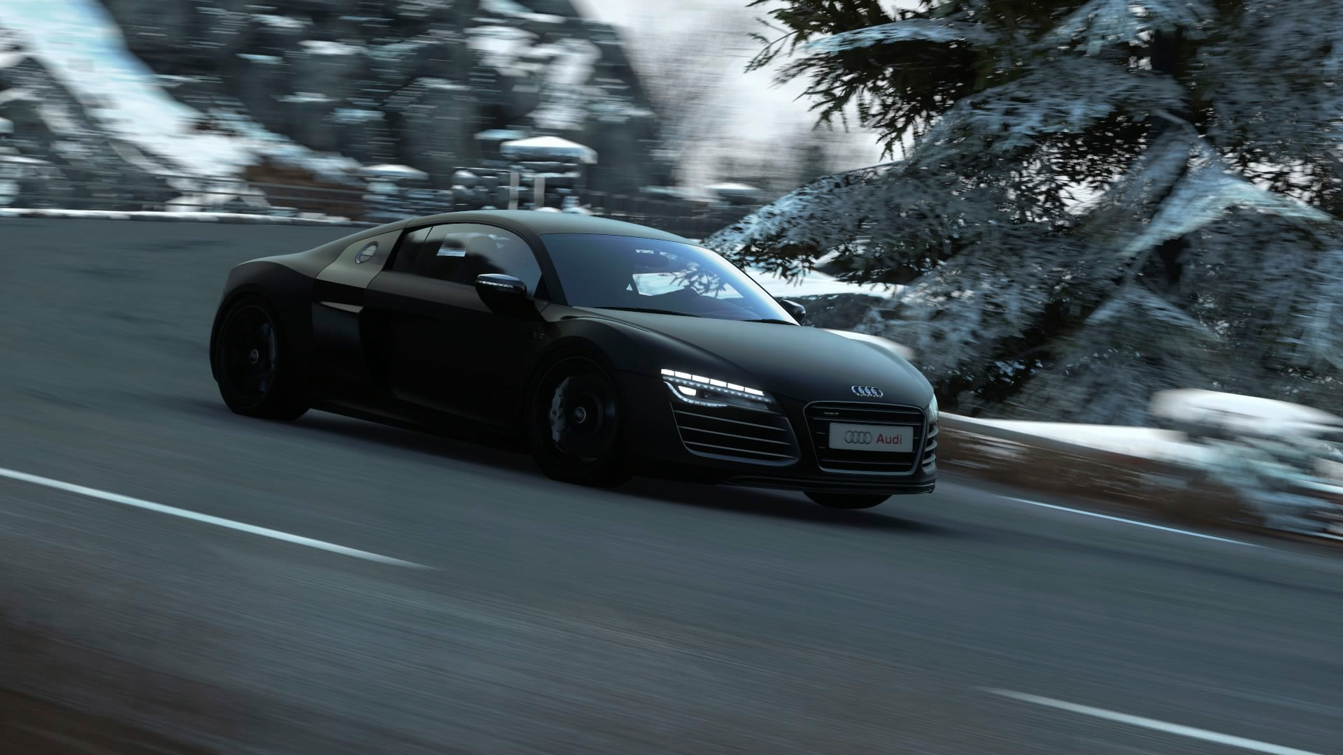 land vehicle, blizzard, road, winter, car, mode of transportation, 1080P, travel, motion, track, motor vehicle, tree, transportation, Audi, nature, blurred motion, HD Wallpaper