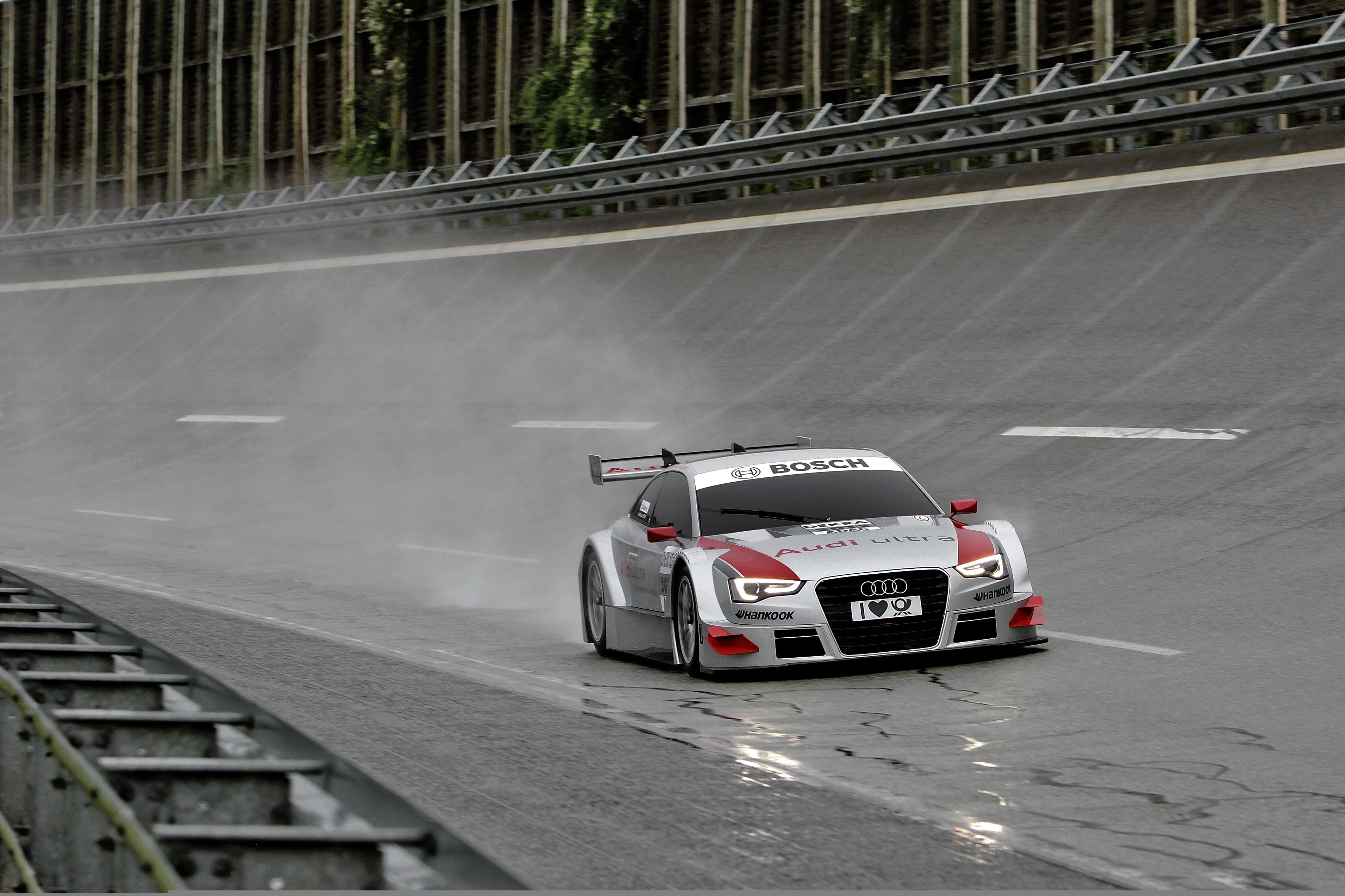 rain, bosch, DTM, wet asphalt, track, Motorsport, silver, race, coupe, 4K, audi a5 dtm, trek, Tits, radiator, r, Audi, red, HD Wallpaper