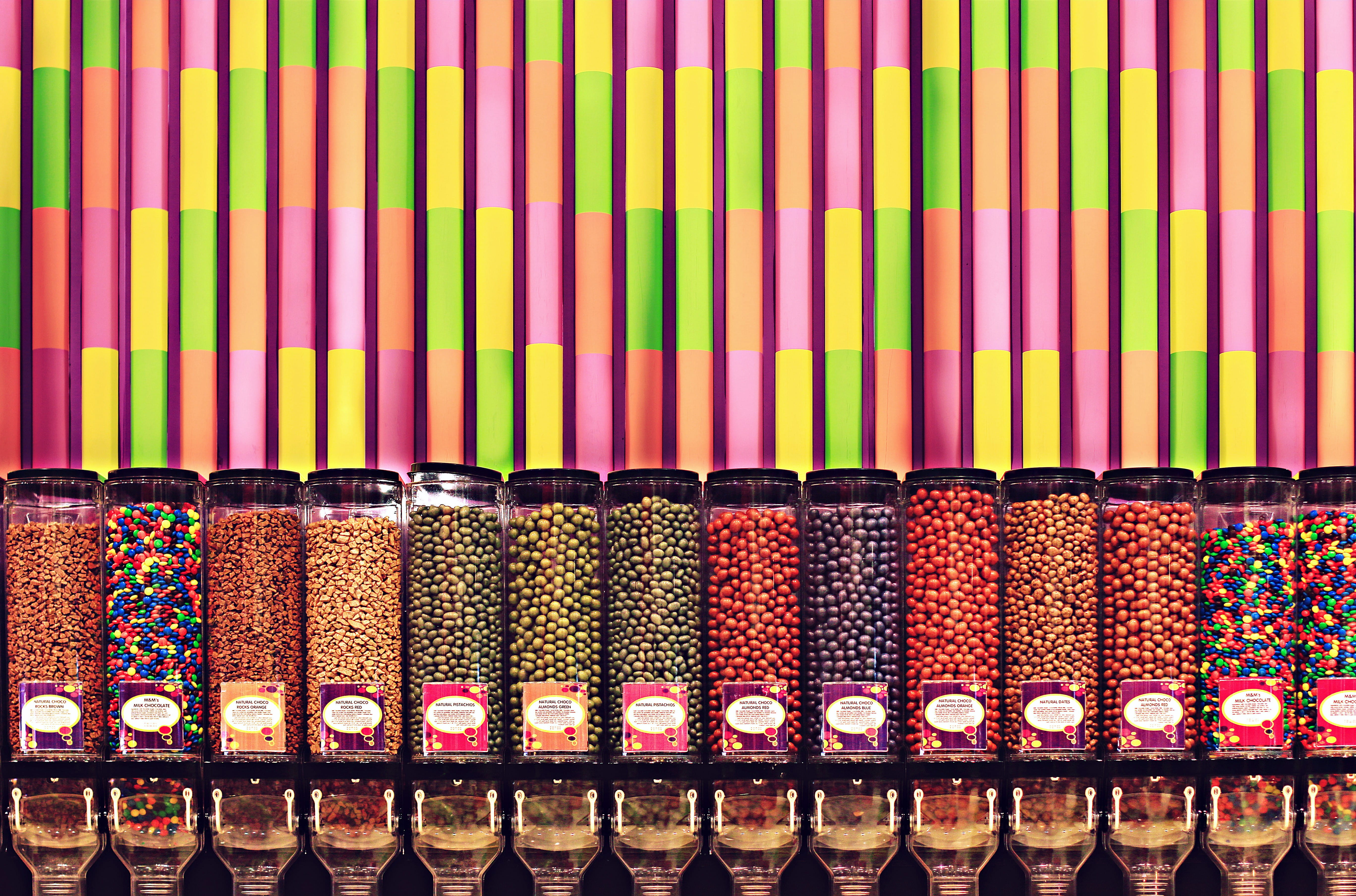 assorted, still life, indoors, collection, 5K, retail, side by side, for sale, in a row, abundance, large group of objects, multi colored, sale, machines, HD Wallpaper
