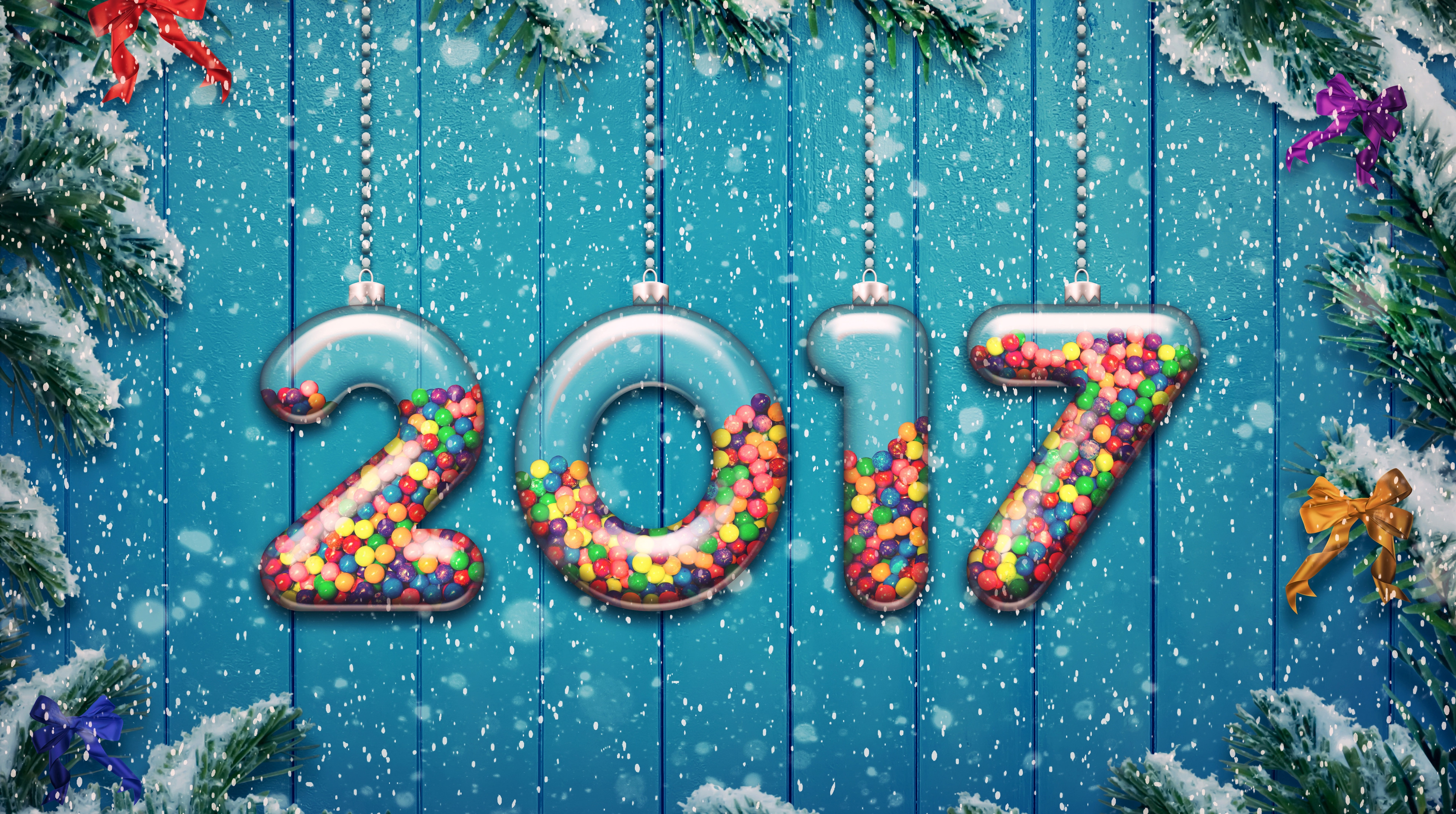 happy, firtrees, gumball, text, 8K, hd, decoration, celebration, 2017, Holidays, new, no people, hanging, blue, year, day, Background, filled, HD Wallpaper