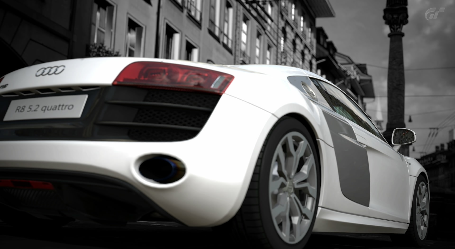 black and white, focus on foreground, audi r8, car, audi r8 5.2 quattro, selective focus, gran turismo 5, city, mode of transportation, 1080P, no people, HD Wallpaper