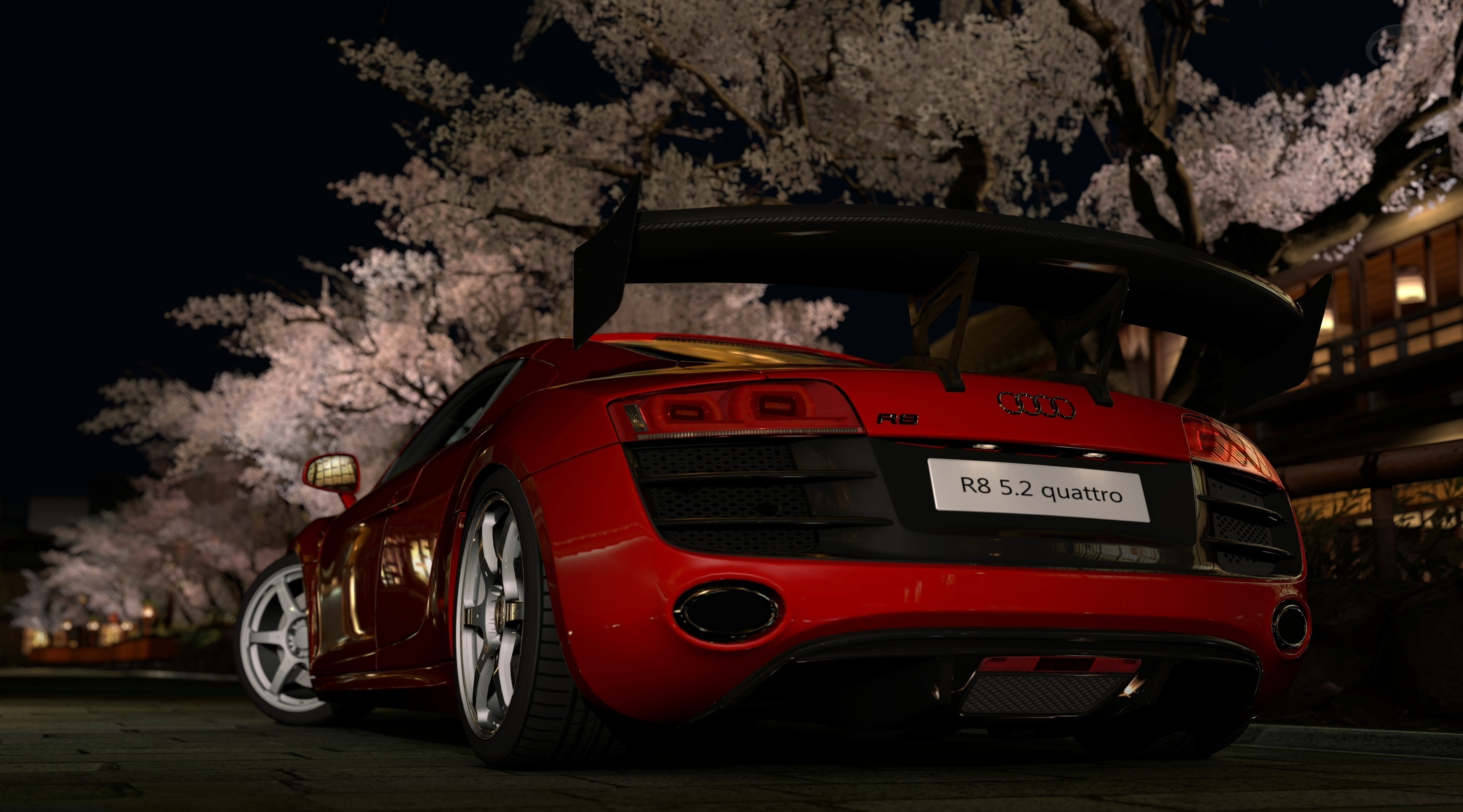 nature, plant, no people, tree, video game, city, gran turismo 5, audi r8, outdoors, land vehicle, night, car, Gran Turismo, supercar, accidents and disasters, HD Wallpaper