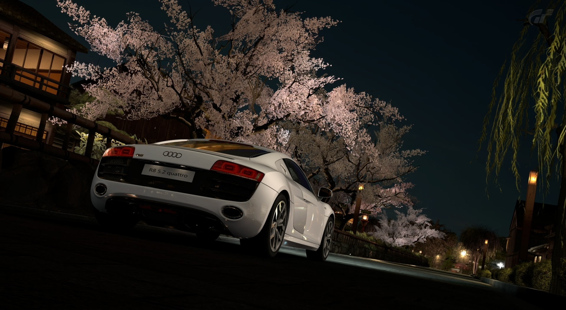 street, growth, building, car, mode of transportation, Games, land vehicle, Audi, r, motor vehicle, night, road, audi r8, architecture, fsi, tree, cherry blossom, HD Wallpaper