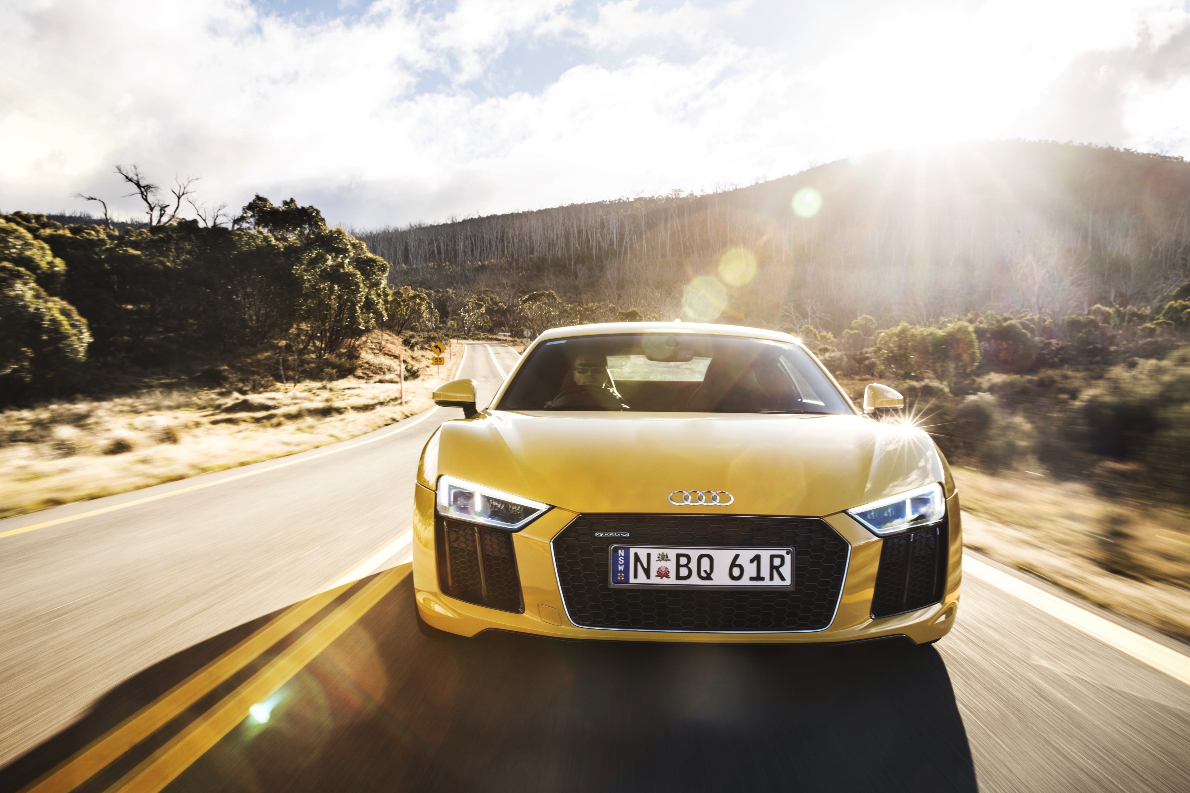 r8, outdoors, day, v10, landscape, road Trip, 4K, taxi, land Vehicle, motor Vehicle, lens flare, modern, yellow, road, nature, sky, street, transportation, HD Wallpaper