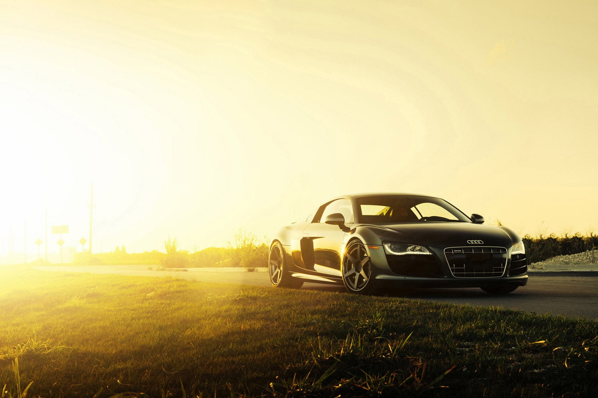 reflection, sunlight, rural Scene, new, luxury, environment, audi, street, field, dusk, driving, motor vehicle, car, 1080P, land Vehicle, day, v10, front View, HD Wallpaper