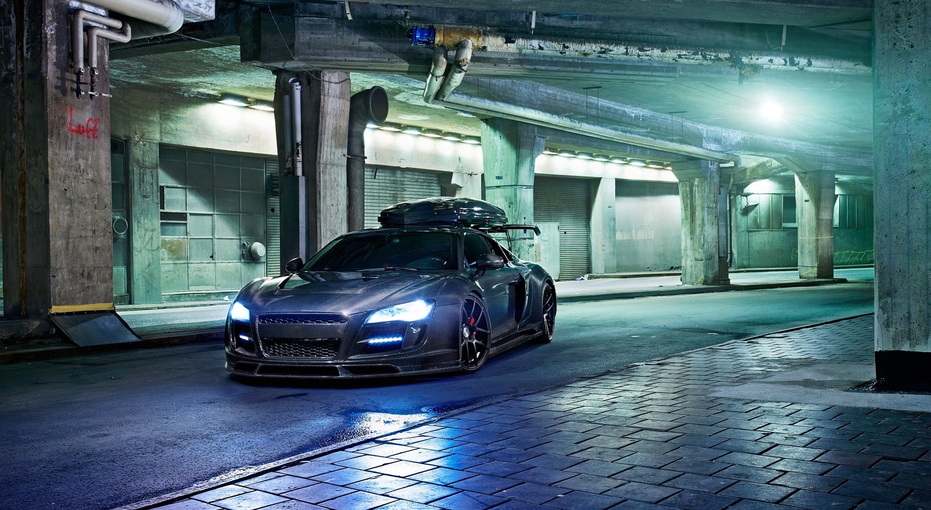 building, lighting equipment, street, city, bridge - man made structure, building exterior, olsson, Audi, car, sports, parking, night, illuminated, land vehicle, HD Wallpaper