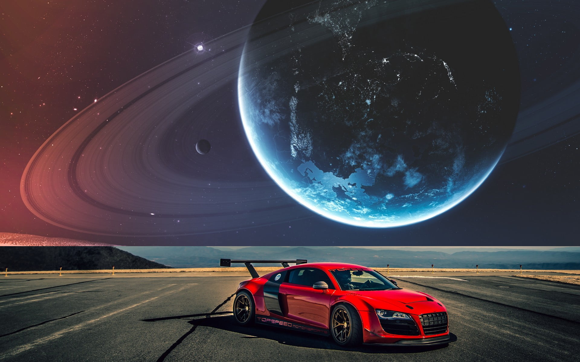 space art, front angle view, 1080P, digital art, Audi R8 GT, planet, Audi R8 Type 42, space, HD Wallpaper