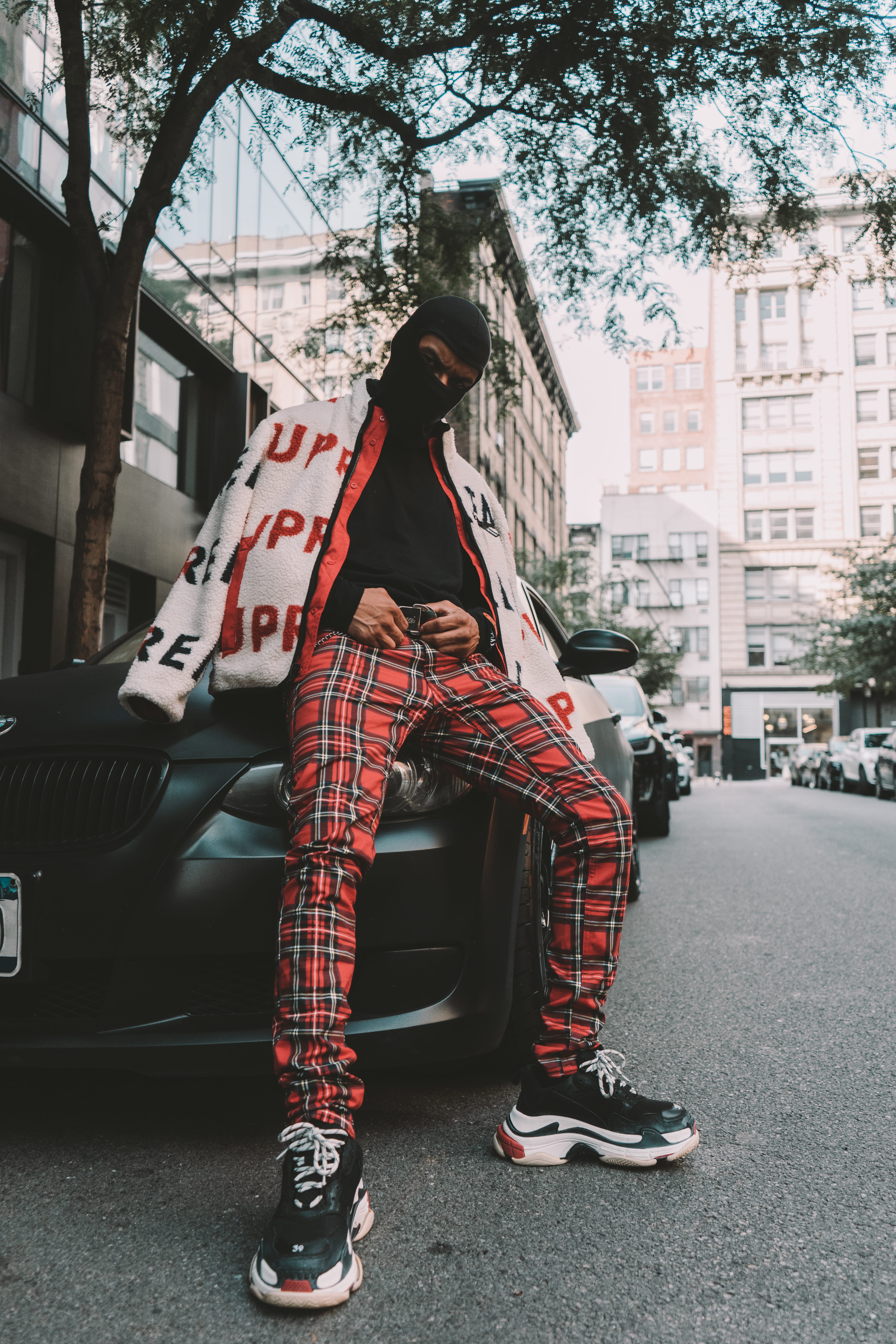 person, one Person, urban Scene, red, outdoors, tree, city Life, adult, black, men, men fashion, mask, lifestyles, happiness, street style, fun, alley, Phone HD Wallpaper