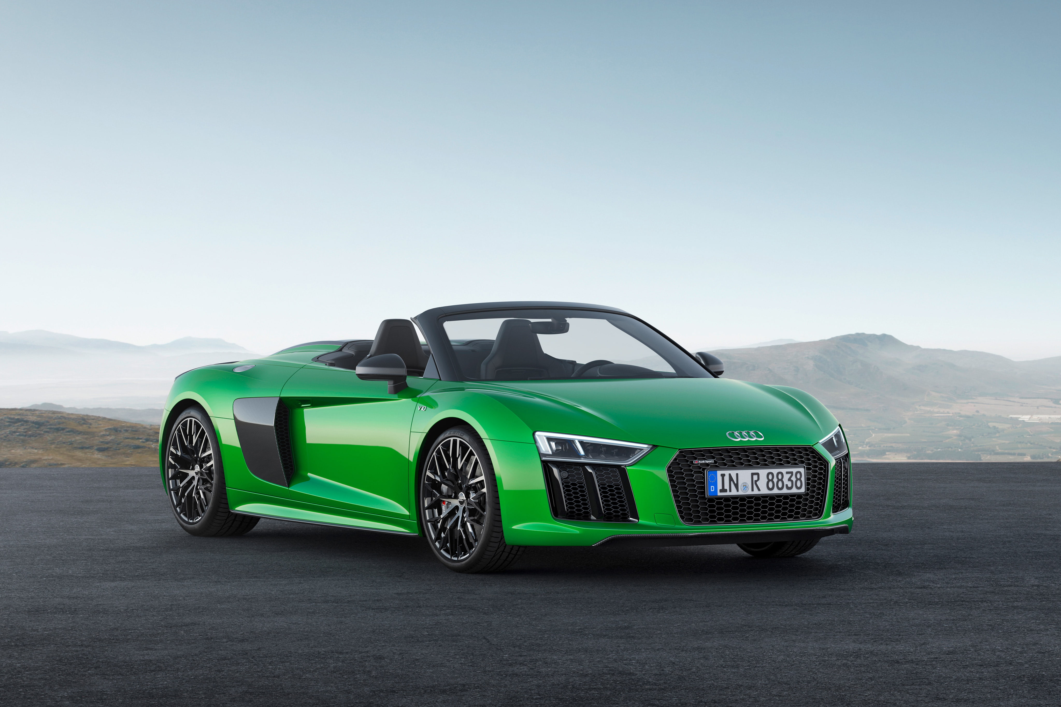 environment, blue, speed, racecar, 4K, transportation, copy space, clear sky, audi r8 spyder v10 plus, motor vehicle, day, green color, 2017 cars, retro styled, HD Wallpaper