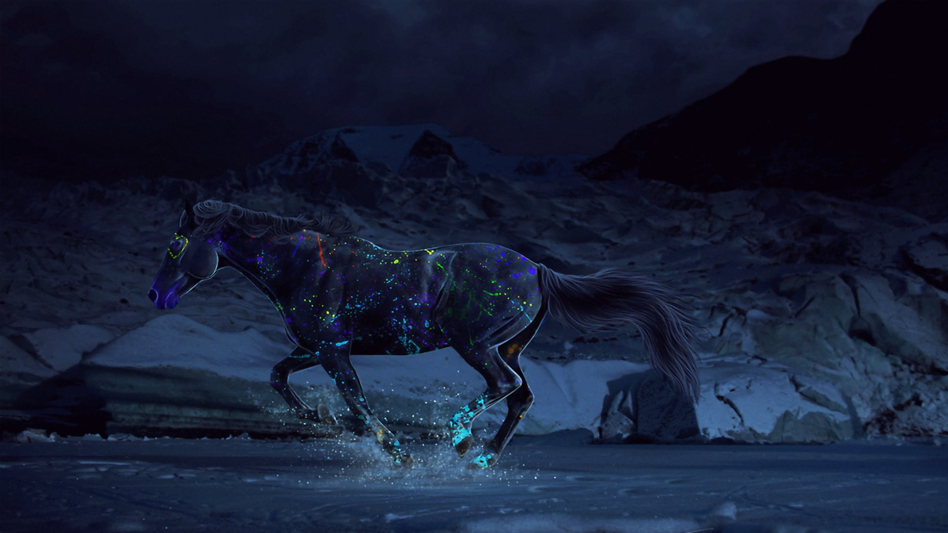 nature, mammal, animal wildlife, water, paints, cold temperature, working animal, herbivorous, blue, purple, snow, one animal, pets, 1080P, winter, gallop, HD Wallpaper