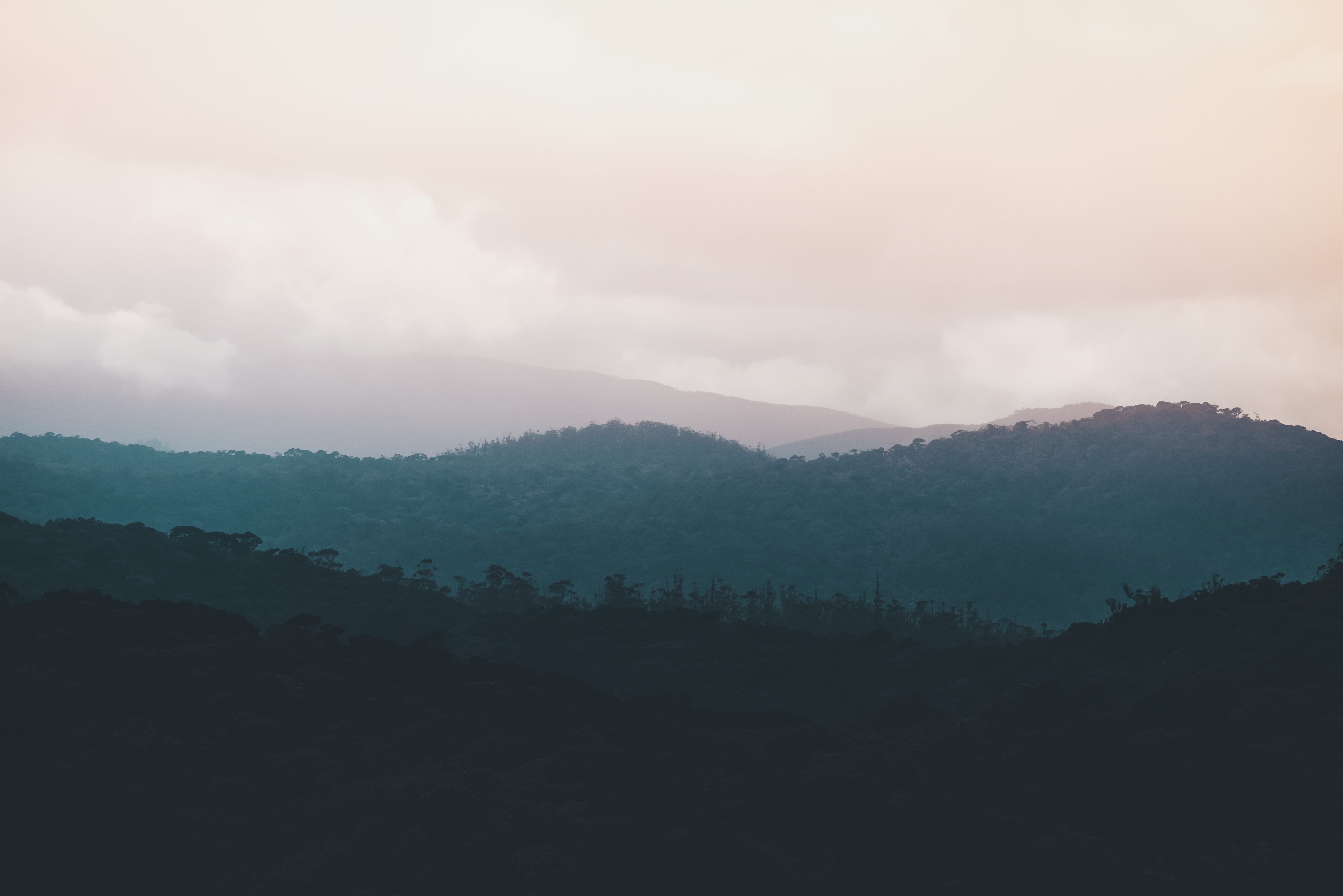 tranquil scene, scenics - nature, mountain, cloud - sky, winter, faded, tranquility, idyllic, mist, plant, mountain range, non-urban scene, cold, 5K, foggy, HD Wallpaper