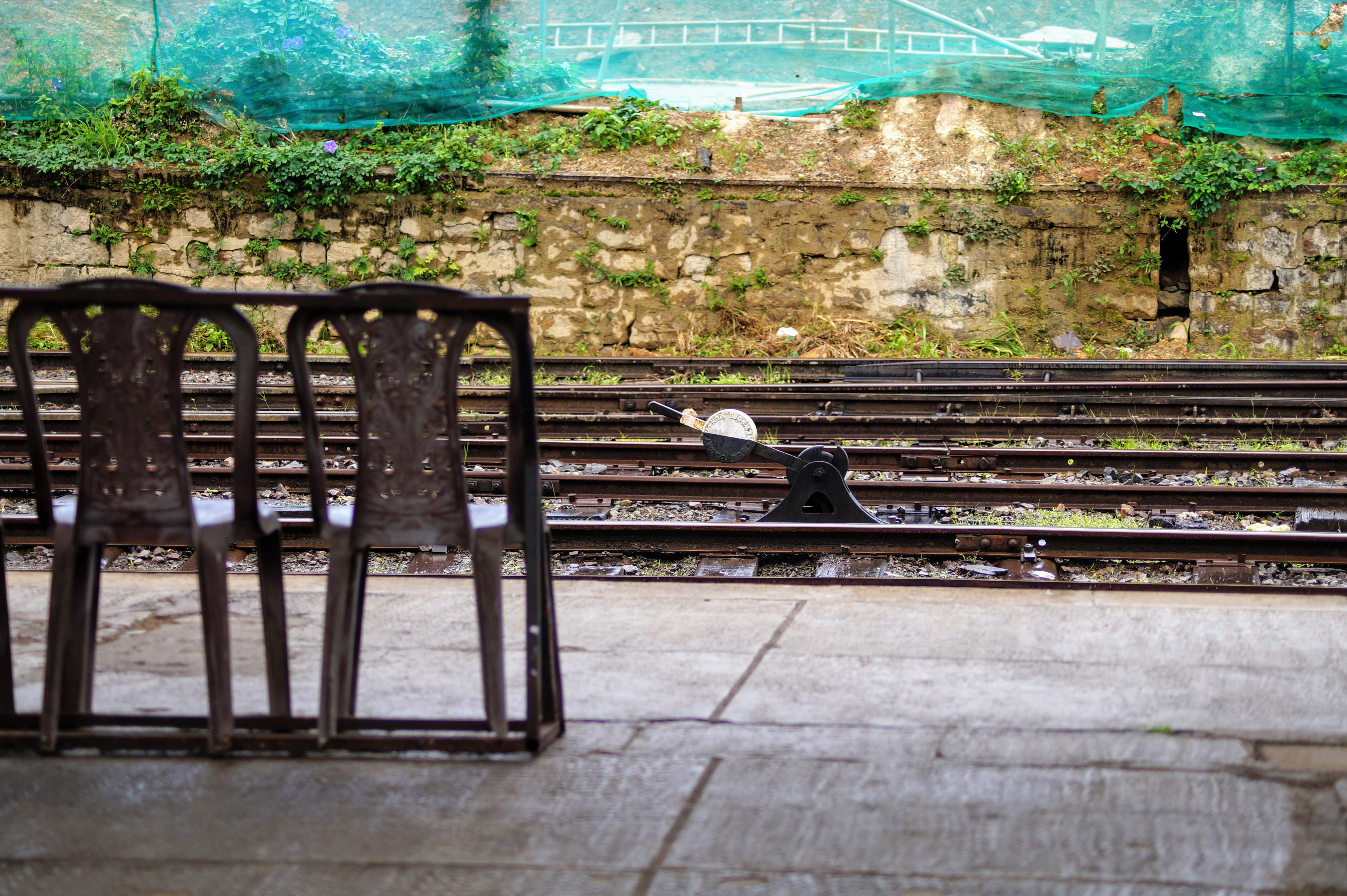 nature, 5K, train station, outdoors, no people, railing, wall - building feature, wood - material, railway, sri lanka, rails, old, metal, chairs, day, HD Wallpaper