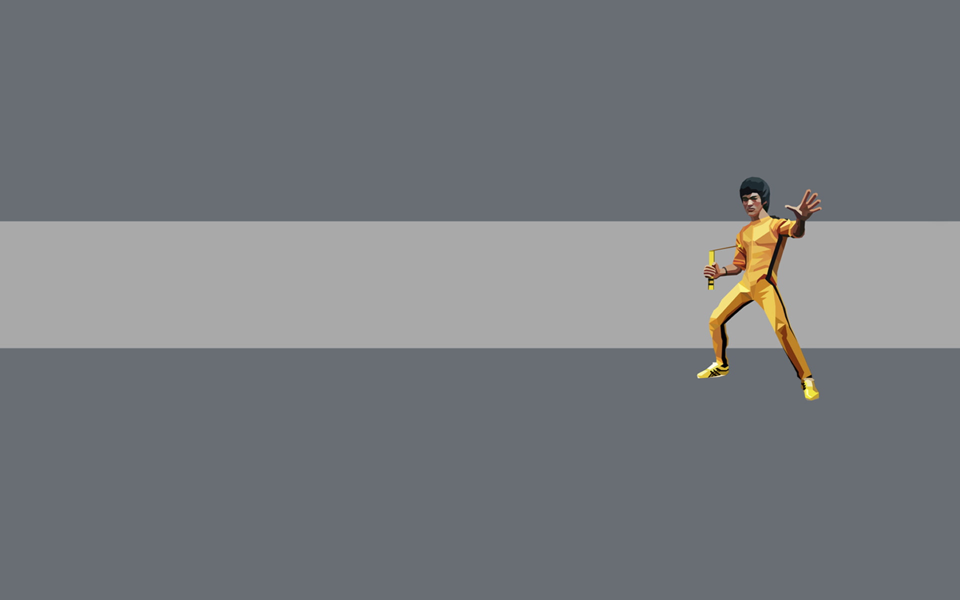 minimalism, strip, kung fu, Nunchuck, people, grey background, 1080P, yellow, Bruce Lee, HD Wallpaper