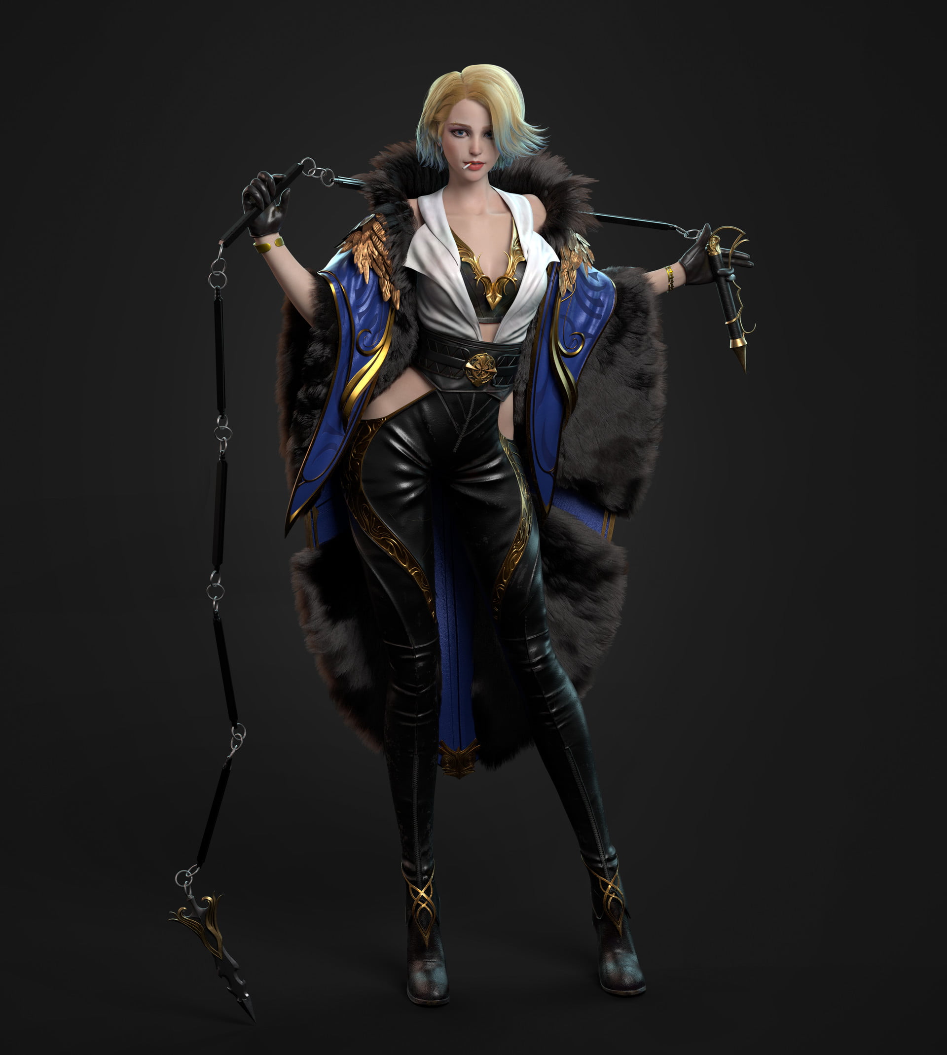 blonde, short hair, women, 1080P, bodysuit, simple background, fur, looking at viewer, CGI, weapon, Nunchucks, Phone HD Wallpaper