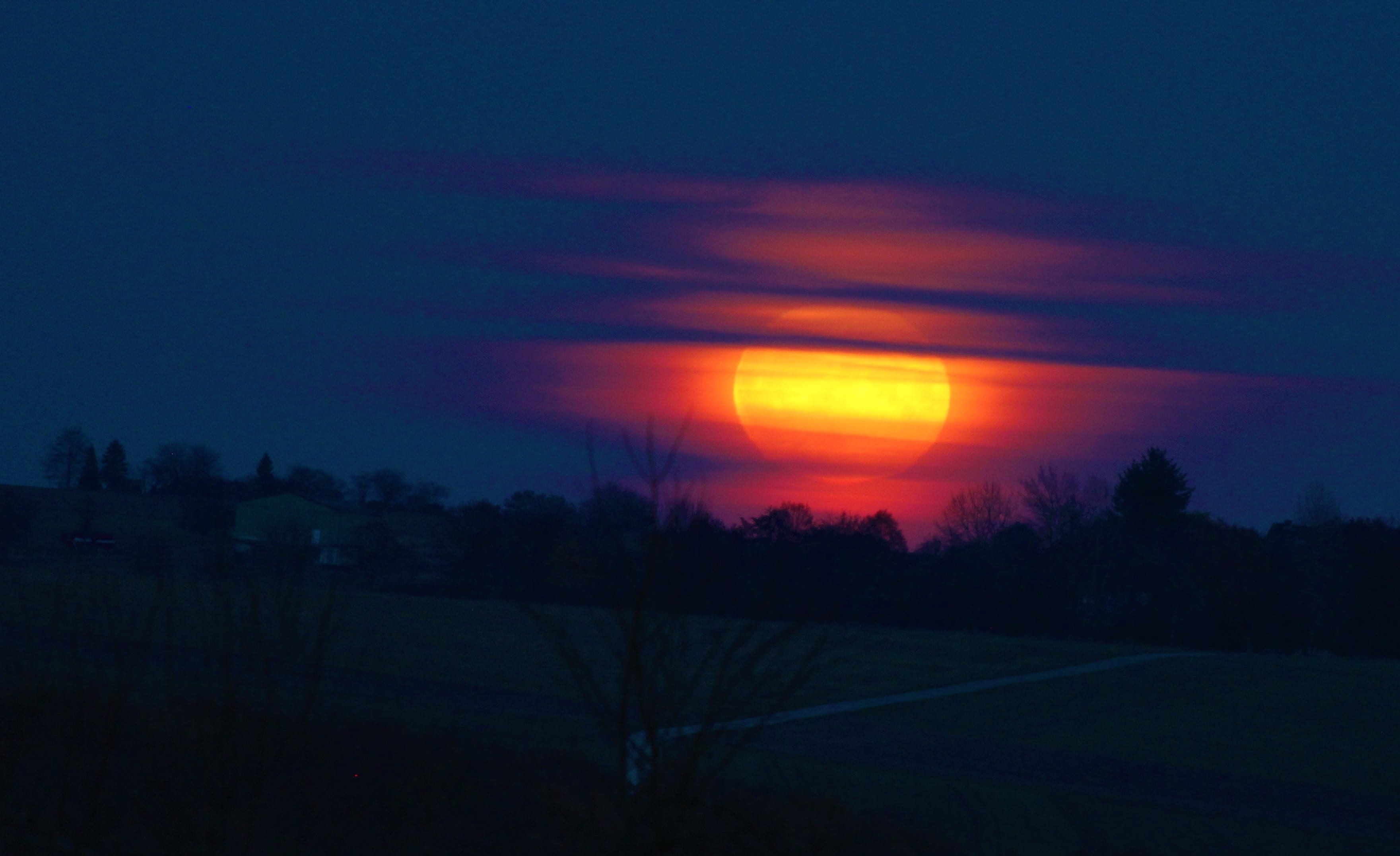 landscape, sun, tranquil scene, environment, full moon, orange color, dark, sunset, silhouette, no people, abendstimmung, beauty in nature, close enough to touch, HD Wallpaper