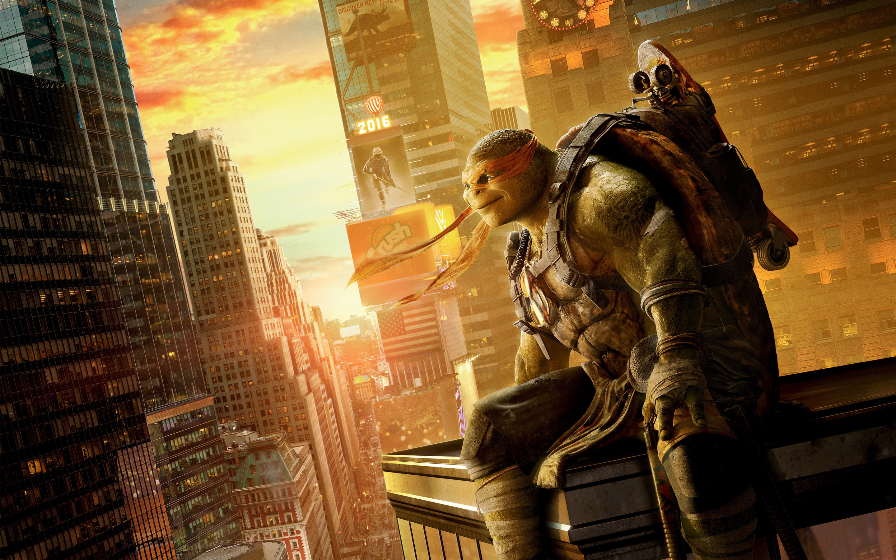 poster, orange, headband, home, nunchuck, Michelangelo, 2K, height, Teenage mutant ninja turtles 2, fantasy, the city, weapons, skate, Teenage Mutant Ninja Turtles: Out of the Shadows, HD Wallpaper