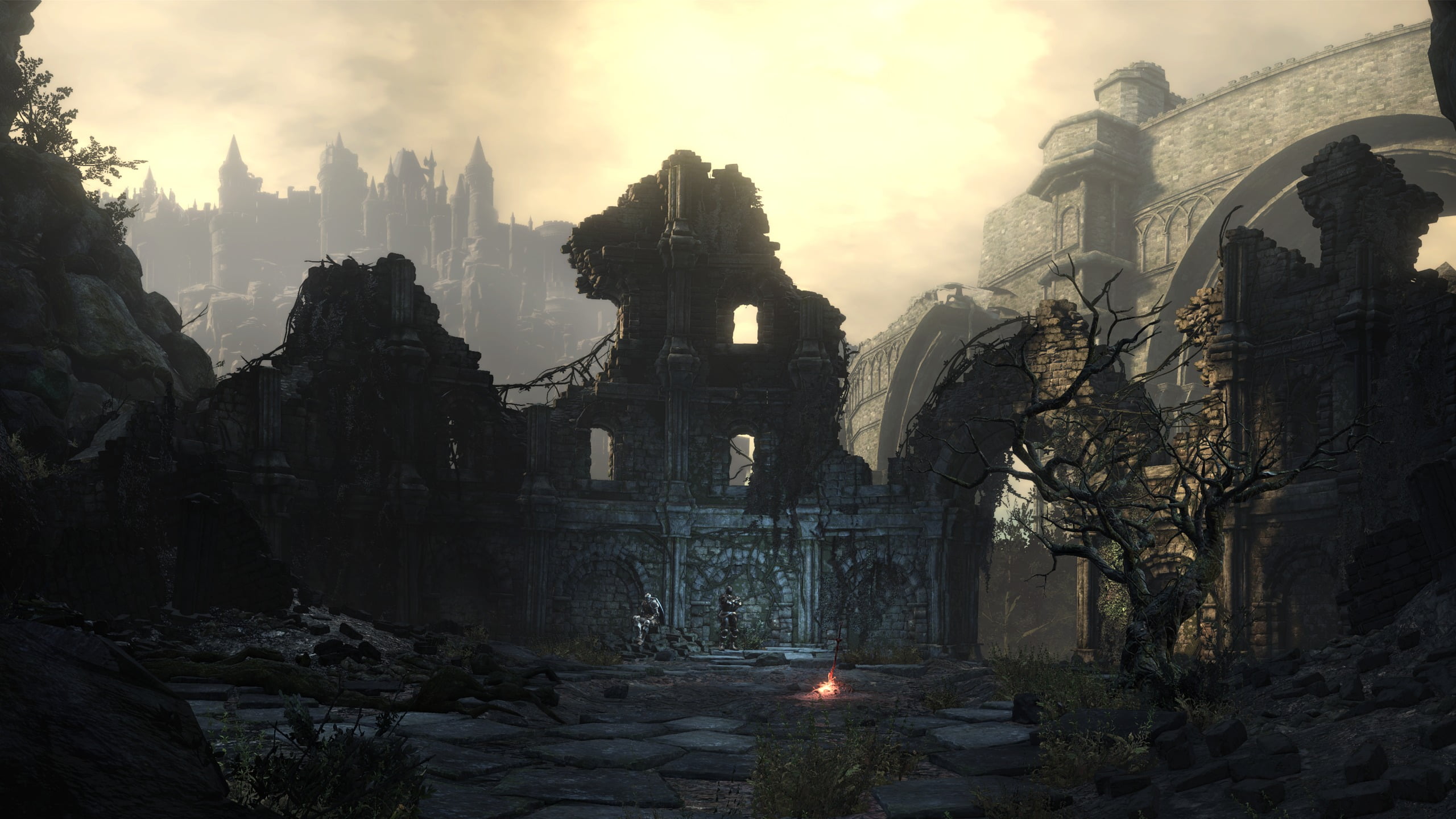 two, sky, ruined, belief, Halfway Point, building, the past, building exterior, tree, religion, travel, Dark Souls III, nature, travel destinations, 2K, HD Wallpaper
