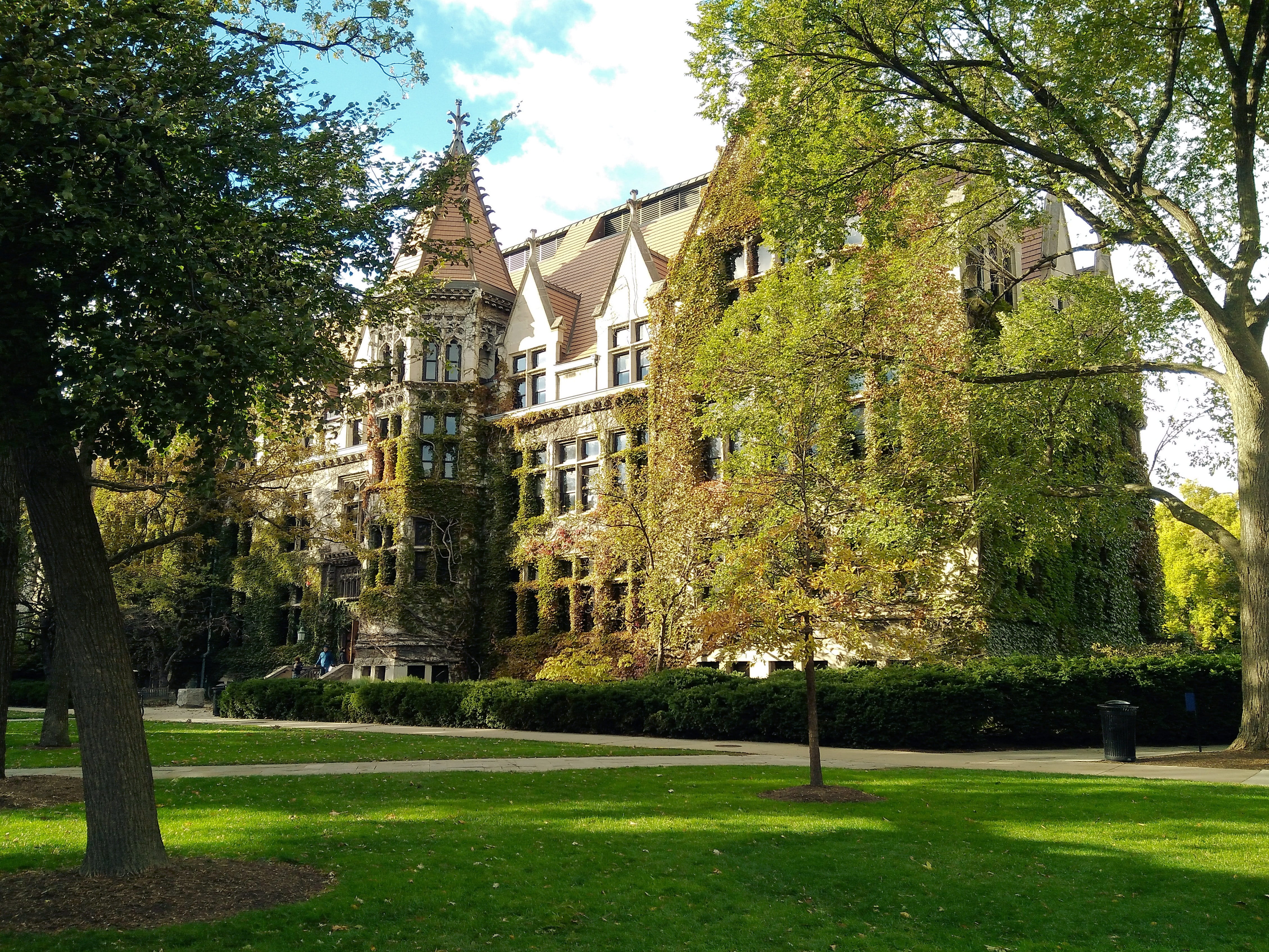 built structure, university, sky, plant, tree, park, land, nature, red, park - man made space, stone, university of chicago, grass, building, growth, beauty in nature, HD Wallpaper