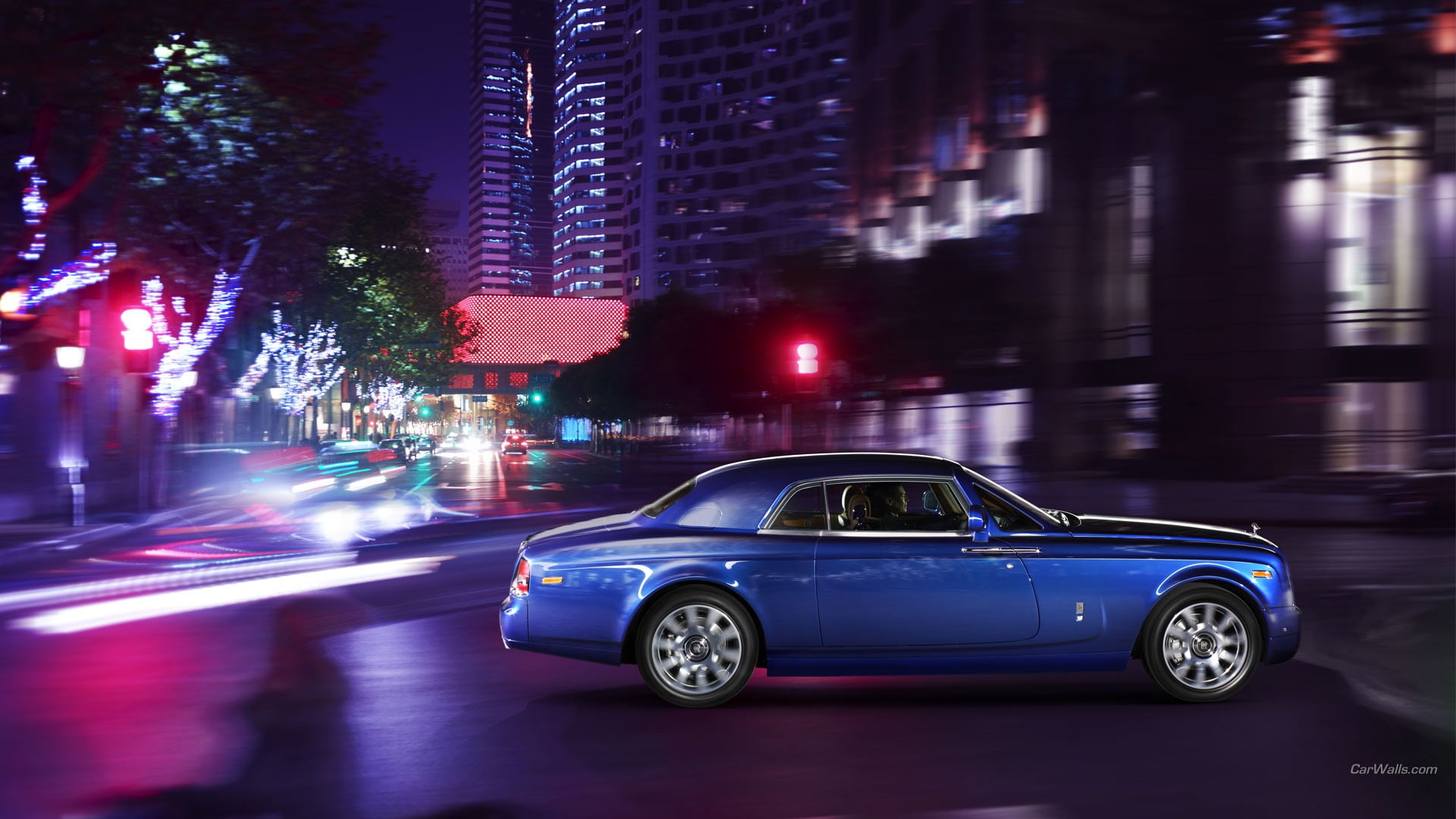 city street, digital composite, built structure, Rolls-Royce Phantom, office building exterior, no people, speed, coupe, car, motion, blue cars, skyscraper, HD Wallpaper