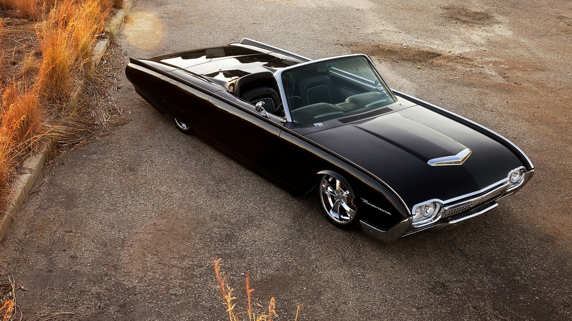 luxury, no people, vintage car, tuning, rods, high angle view, ford, street, transportation, thunderbird, shiny, hot, classic, black color, stationary, HD Wallpaper