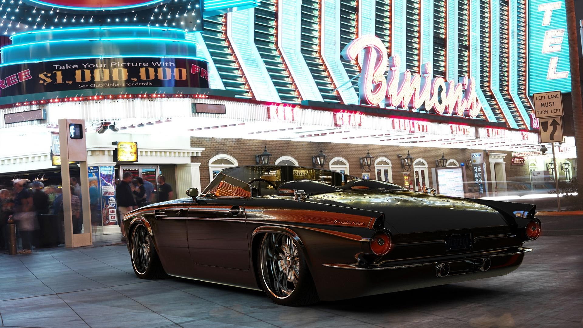 1080P, cars, people, street, buildings, thunderbird, ford, lights, HD Wallpaper