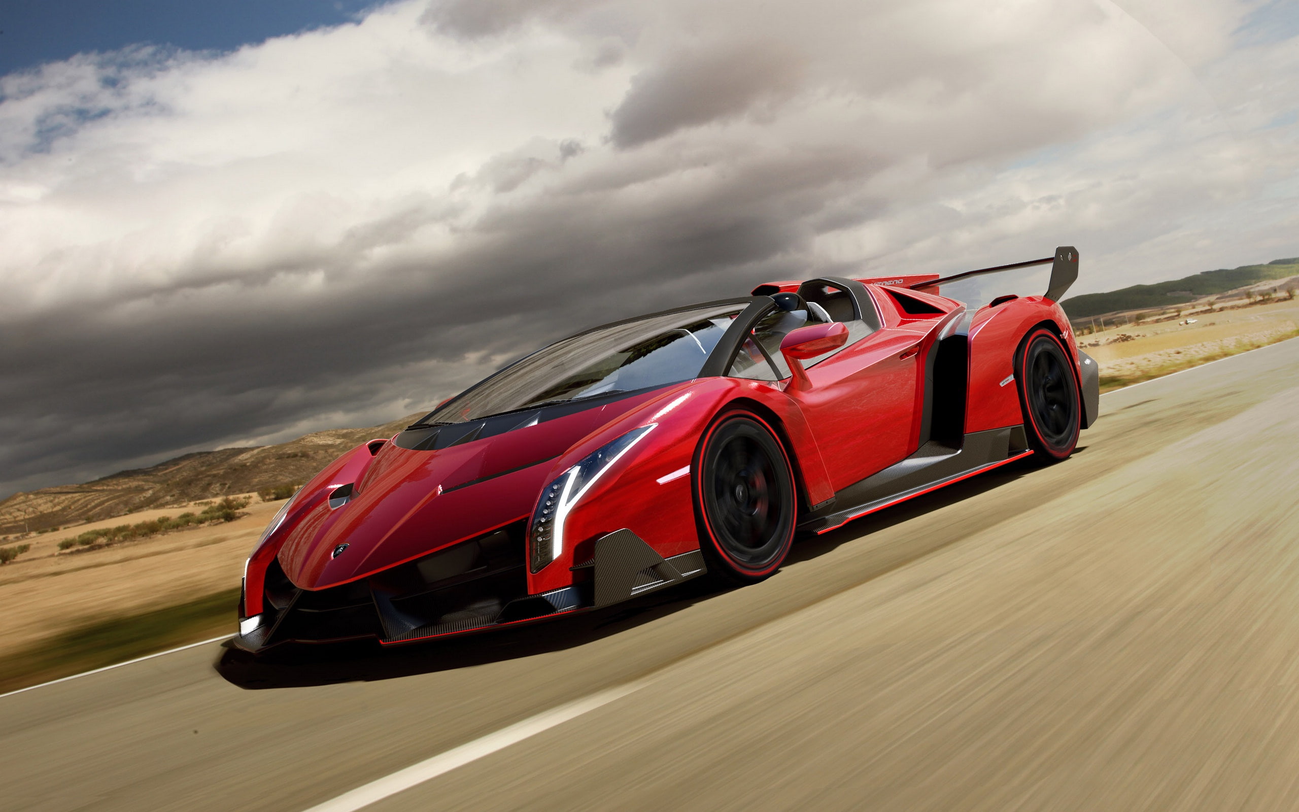 Red, Lamborghini, veneno, Roadster, Road, 2K, Supercar, HD Wallpaper