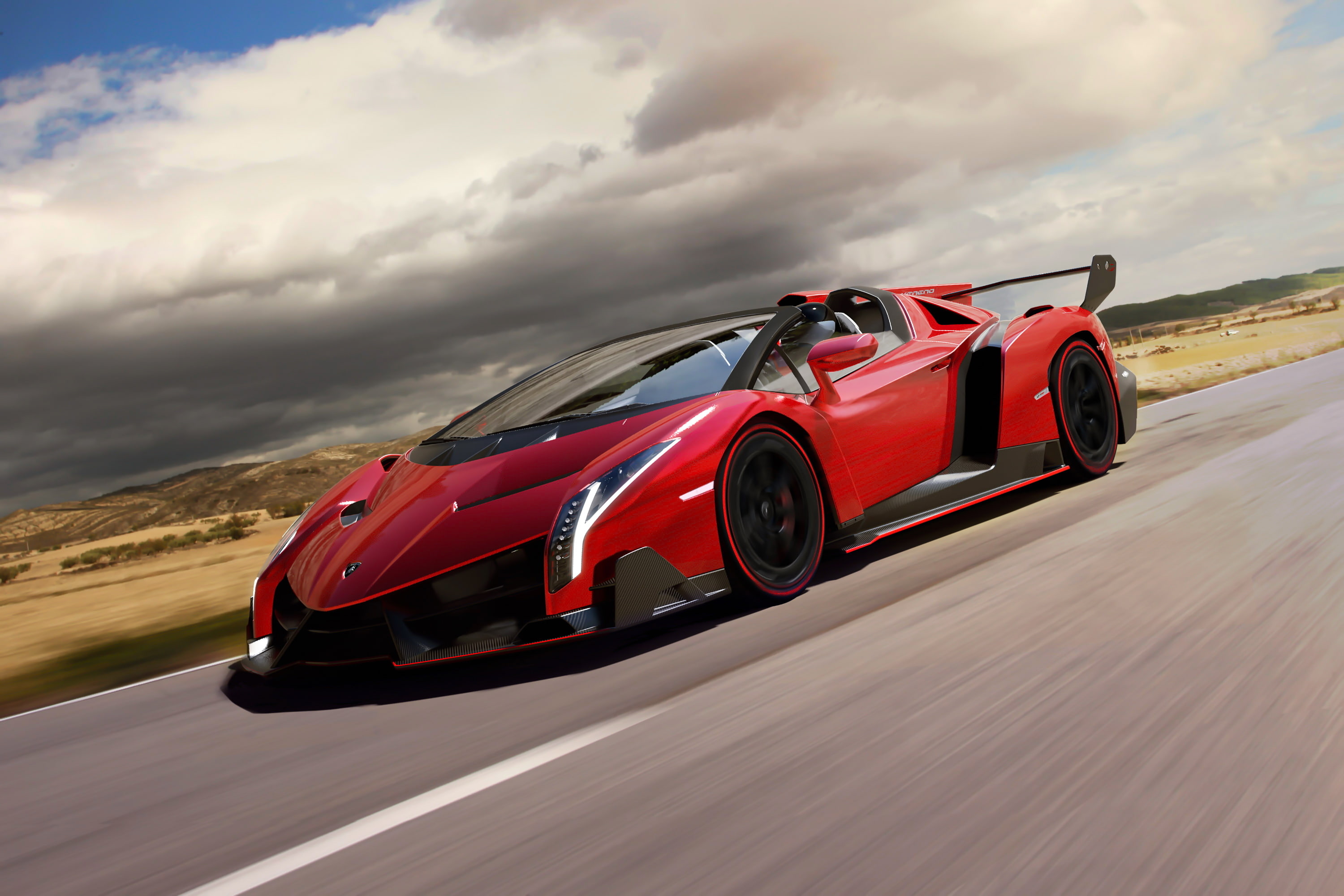 in motion, rechange, car, sports, 2K, supercar, lamborghini veneno roadster, red, Lamborghini, HD Wallpaper