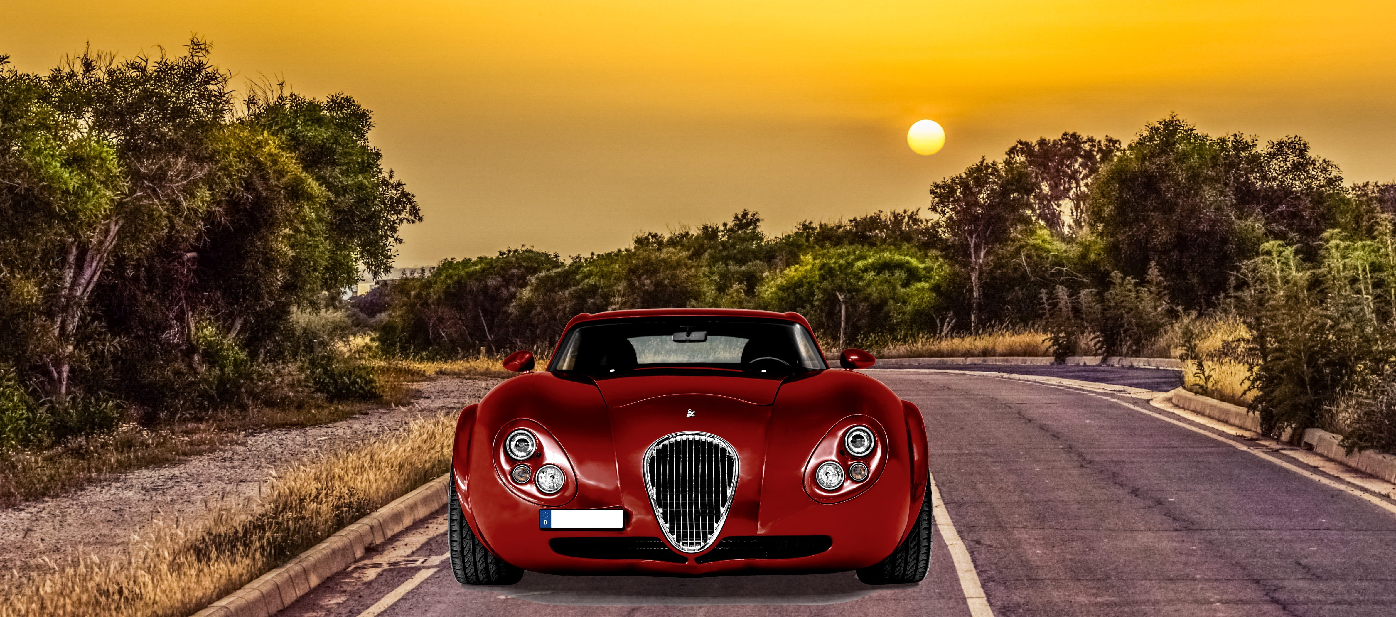 luxury, tree, 4K, asphalt, orange, outdoors, motor vehicle, road, grey, transportation, wiesmann gt mf4, motion, sports car, no people, city, travel, land vehicle, HD Wallpaper