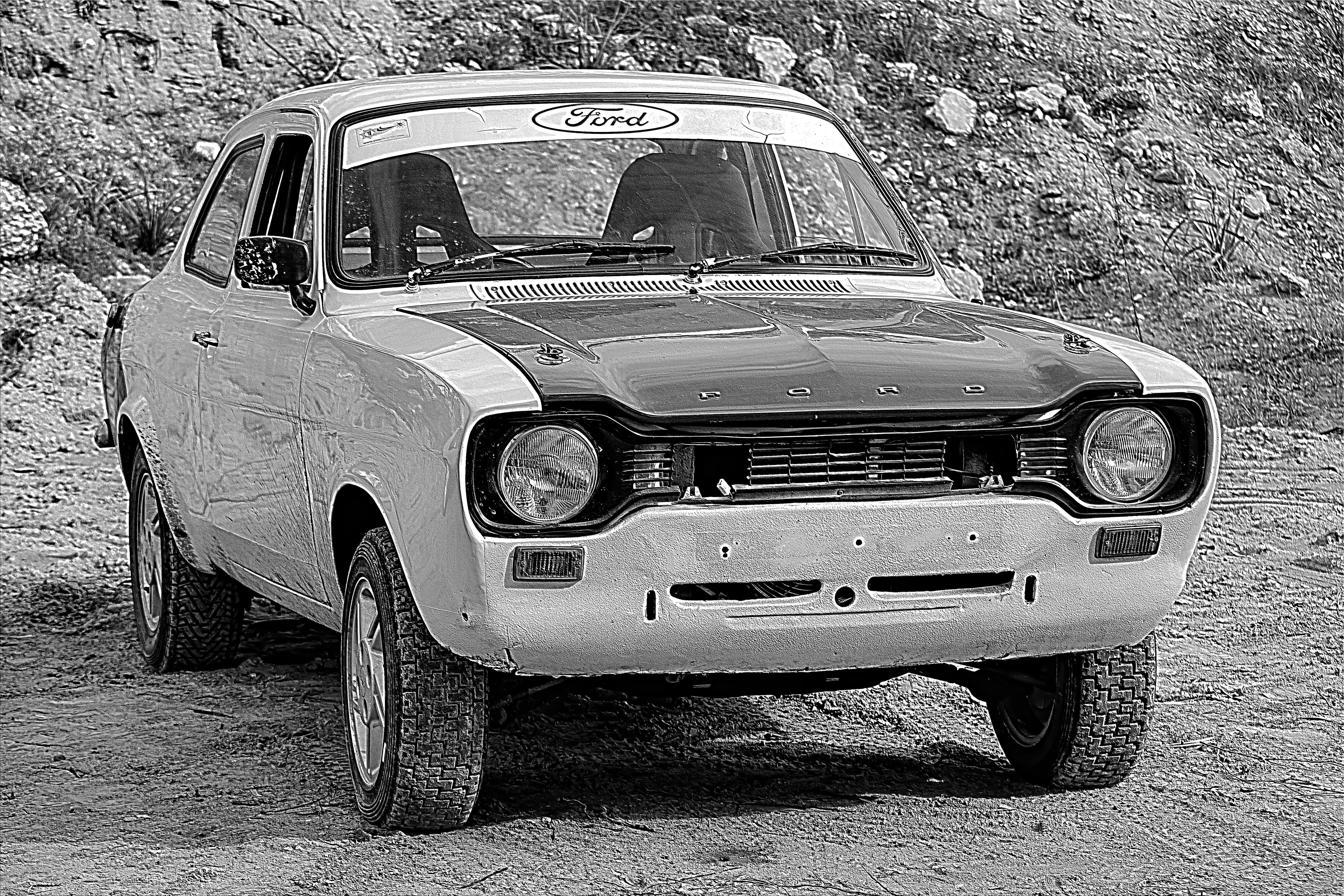 outdoors, day, retro styled, mode of transportation, road, city, black and white, transportation, car, old, stationary, ford escort mk1, rally, no people, HD Wallpaper
