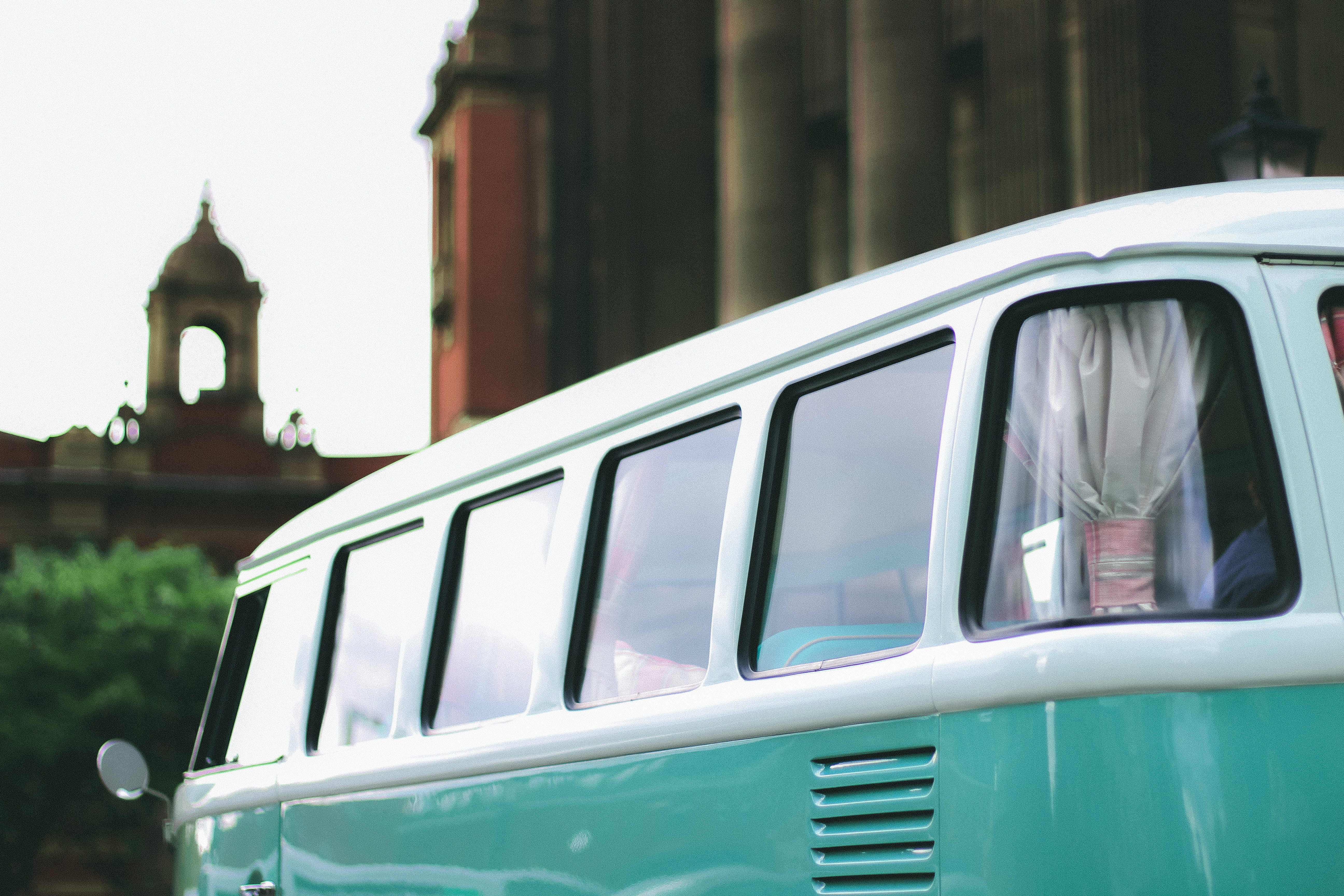 focus on foreground, motor vehicle, travel, classic, transportation system, vehicle, campervan, car, automobile, daytime, transportation, white, green, HD Wallpaper